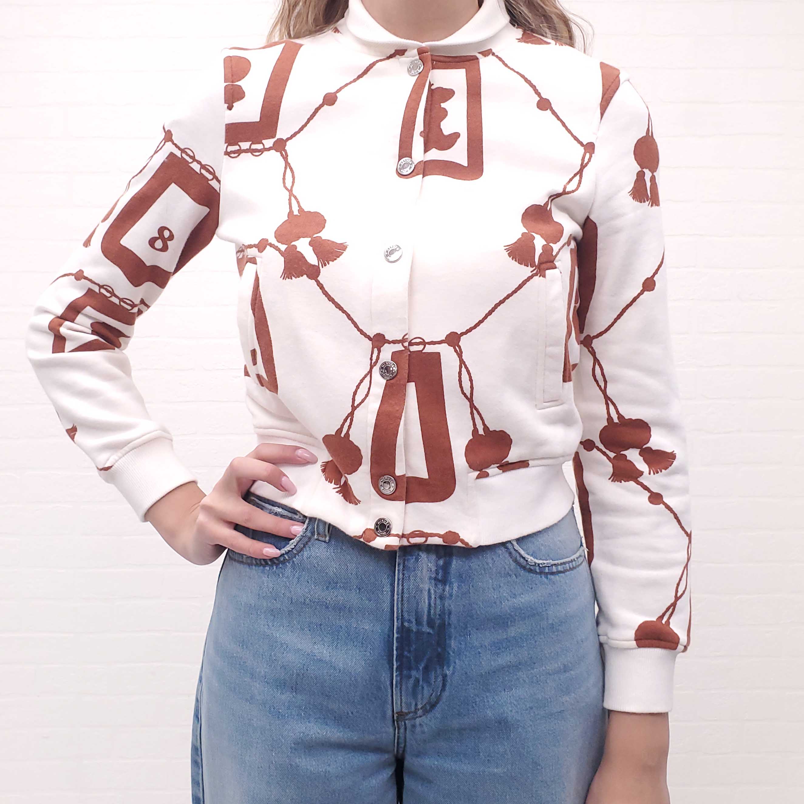 HERMÈS BROWN LOGO SWEATSHIRT BOMBER JACKET - SIZE 34