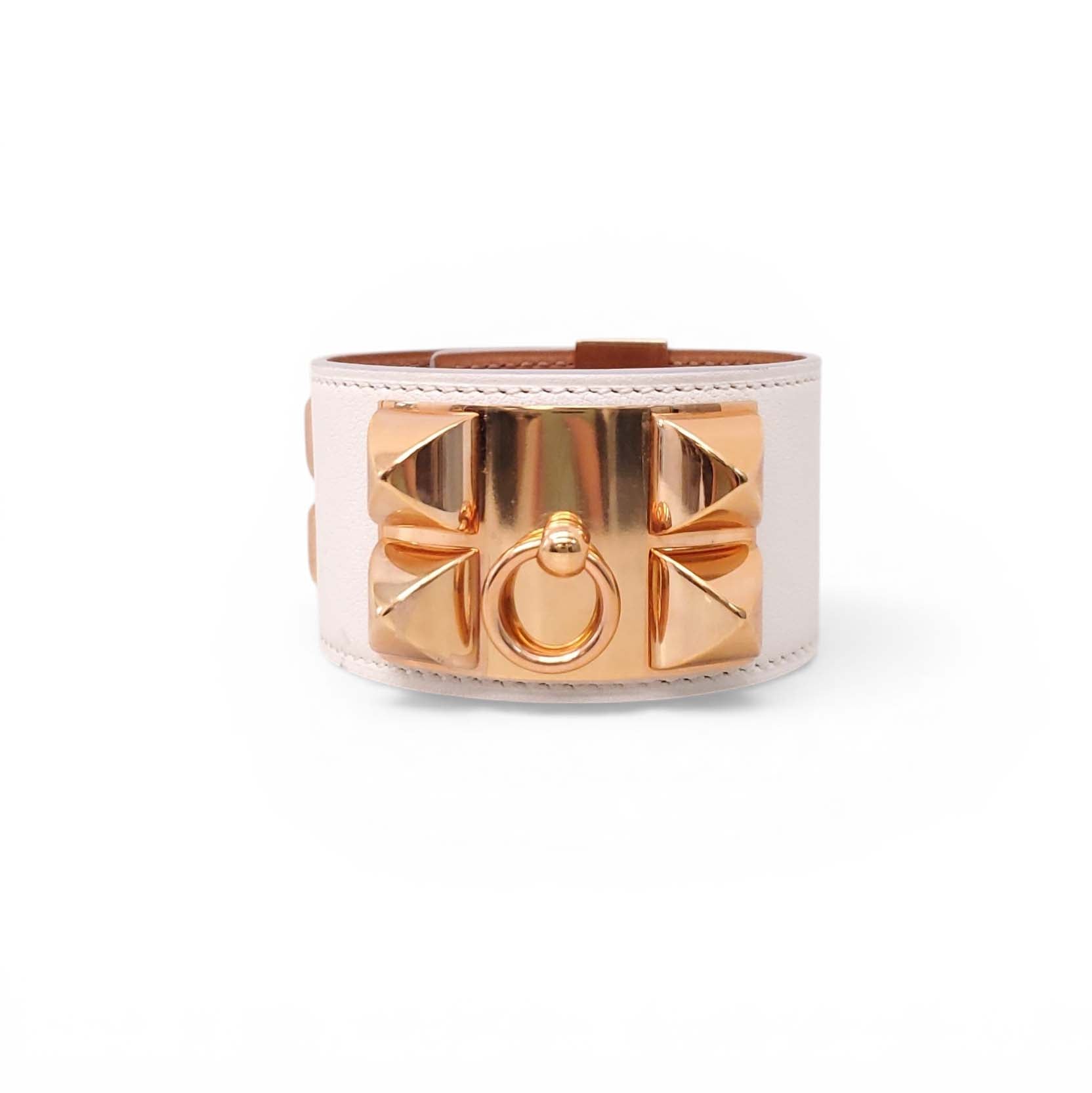 HERMÈS CREAM LEATHER AND ROSE GOLD COLLIER DE CHIEN BRACELET - SIZE T3/M