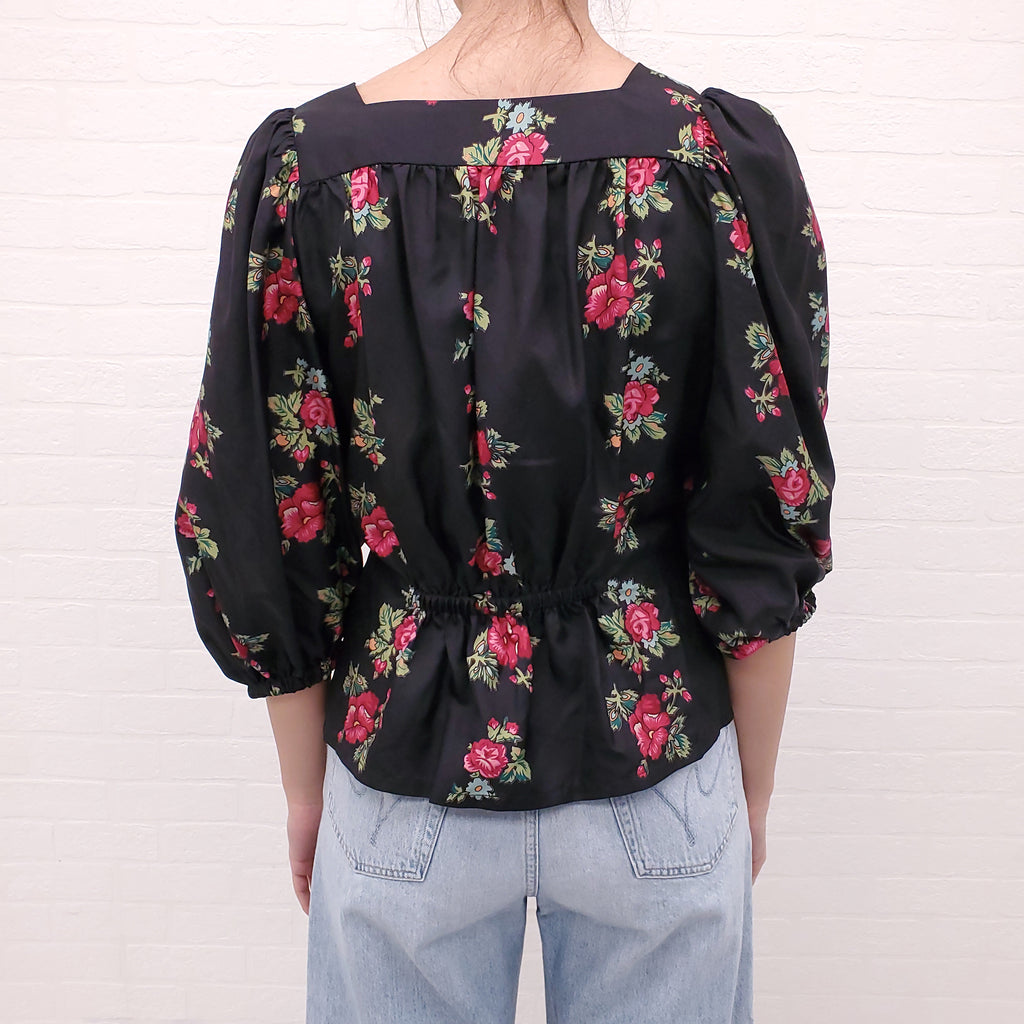 HORSES ATELIER BLACK FLORAL PEPLUM BLOUSE - SIZE 2/M