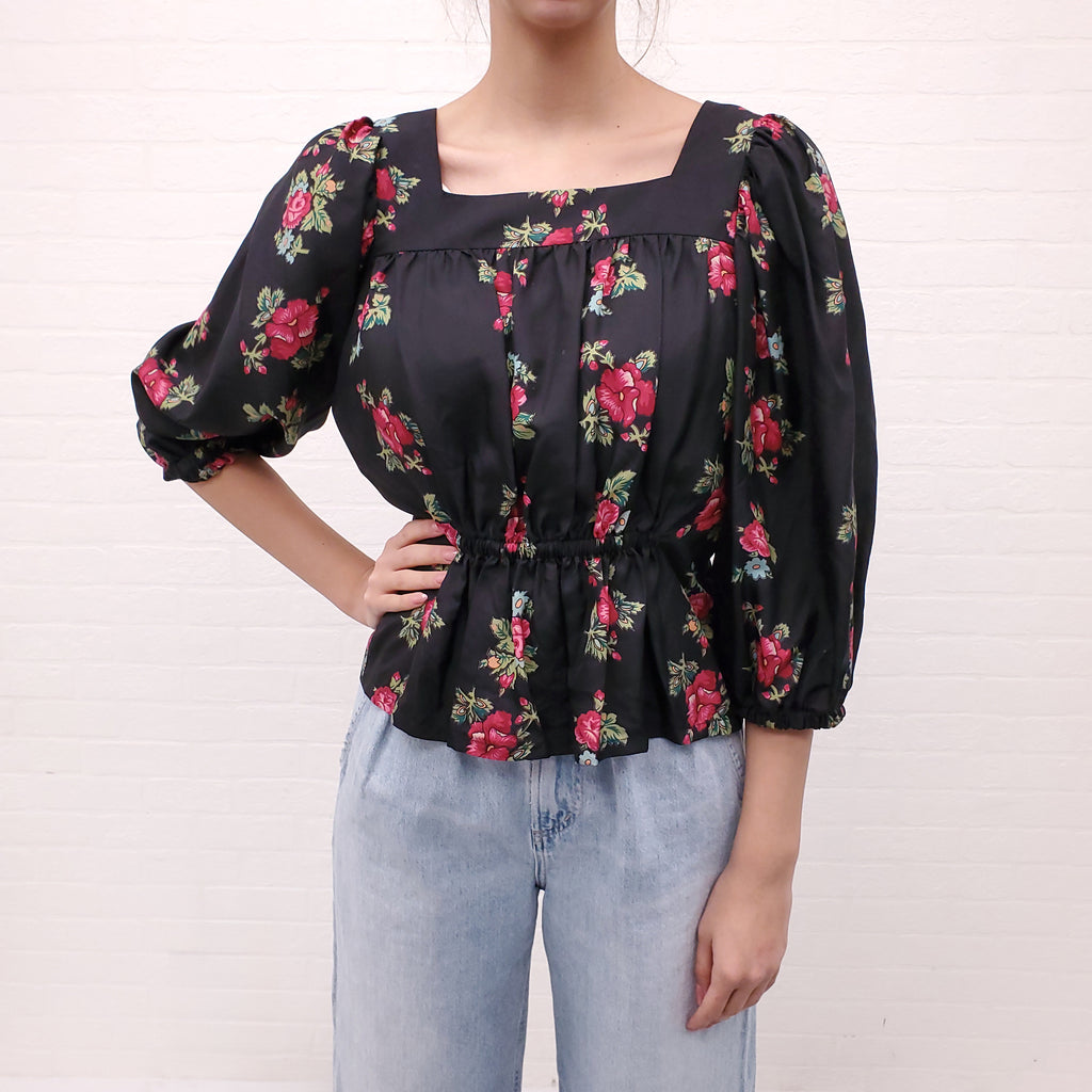 HORSES ATELIER BLACK FLORAL PEPLUM BLOUSE - SIZE 2/M