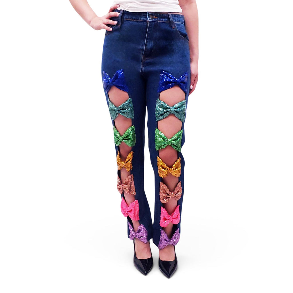 HOUSE OF MUA MUA MULTICOLOURED BOW JEANS - SIZE M