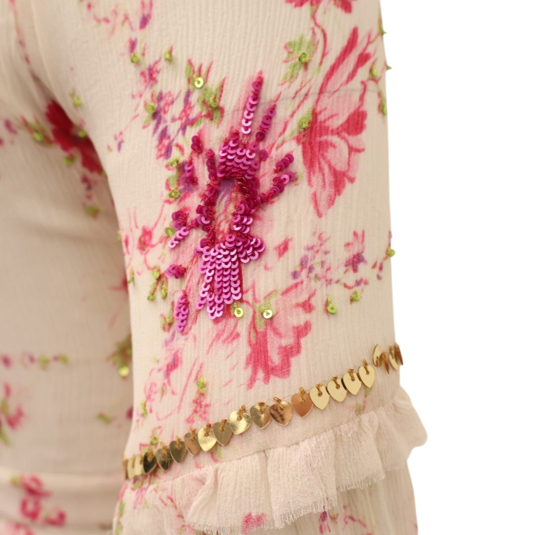 LOVESHACKFANCY WHITE FLORAL MAXI DRESS WITH RUFFLE AND SEQUIN DETAILS - SIZE 00