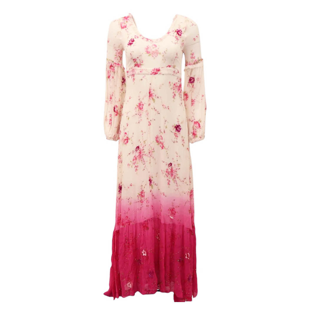 LOVESHACKFANCY WHITE FLORAL MAXI DRESS WITH RUFFLE AND SEQUIN DETAILS - SIZE 00