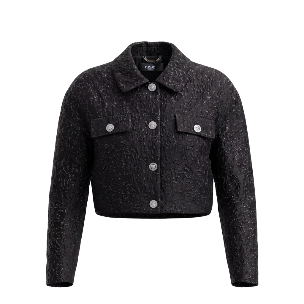 VERSACE METALLIC CLOQUE JACKET WITH SILVER MEDUSA BUTTONS - SIZE 40