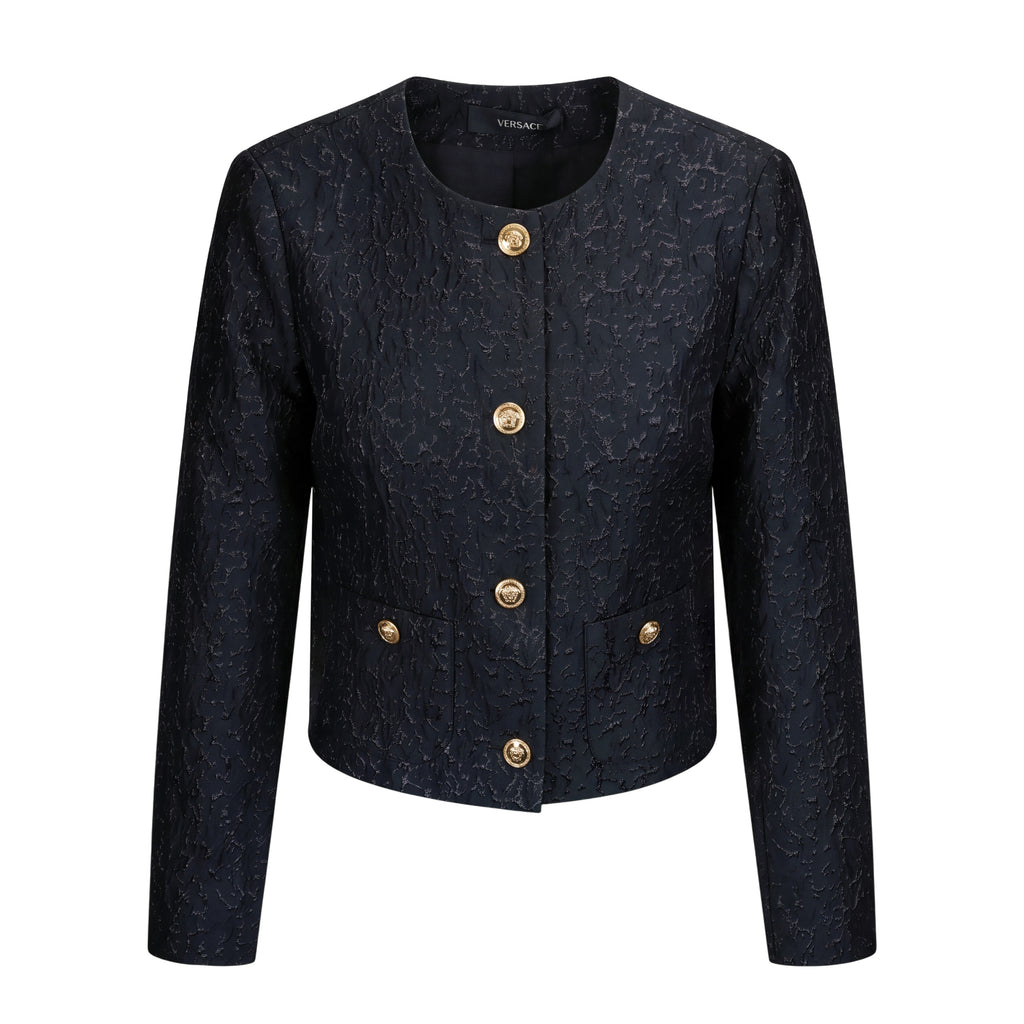 VERSACE BLACK TEXTURED JACKET WITH GOLD LOGO BUTTONS - SIZE 44