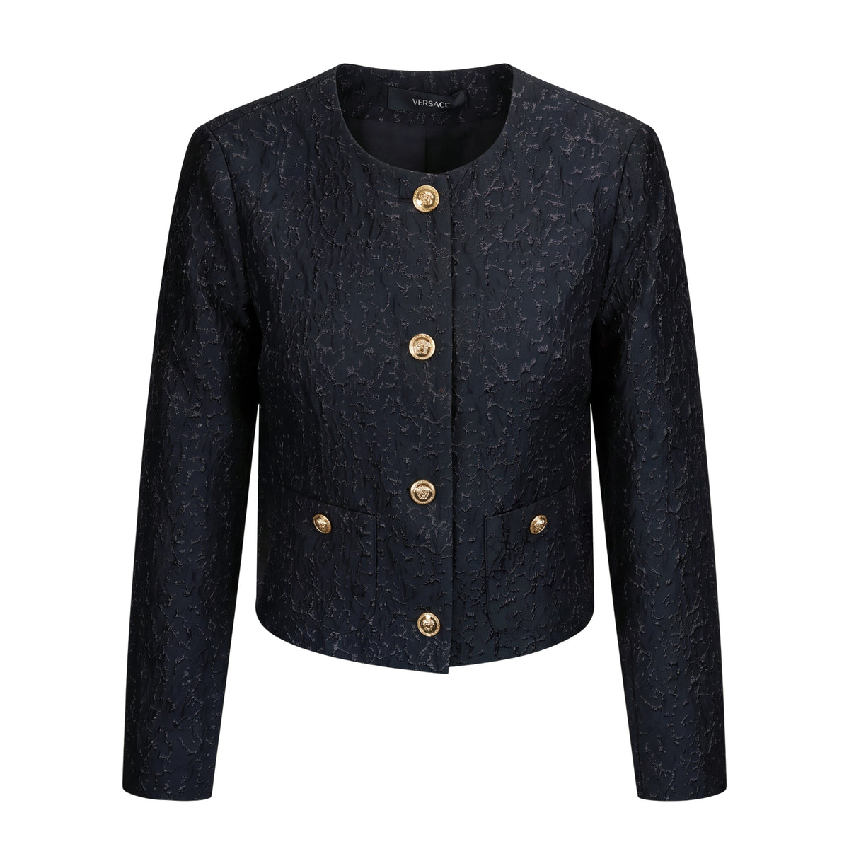 VERSACE BLACK TEXTURED JACKET WITH GOLD LOGO BUTTONS - SIZE 44