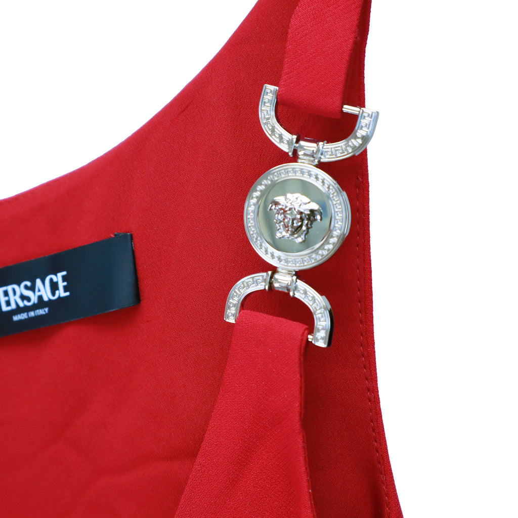 VERSACE CADY MIDI DRESS IN RED WITH SILVER MEDUSA BUTTONS -SIZE 38