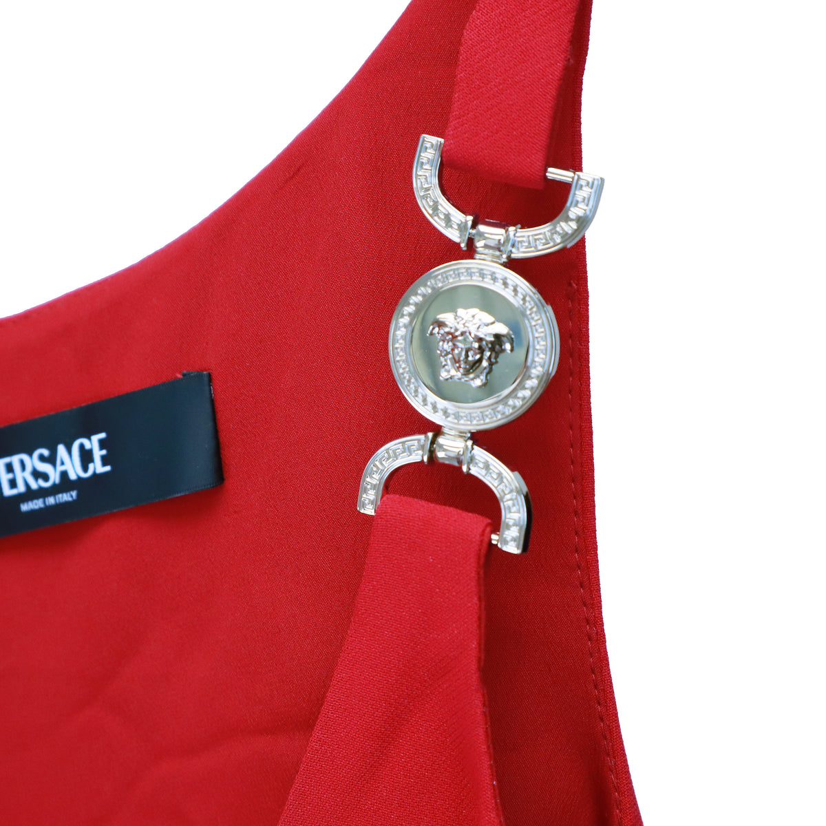 VERSACE CADY MIDI DRESS IN RED WITH SILVER MEDUSA BUTTONS -SIZE 38