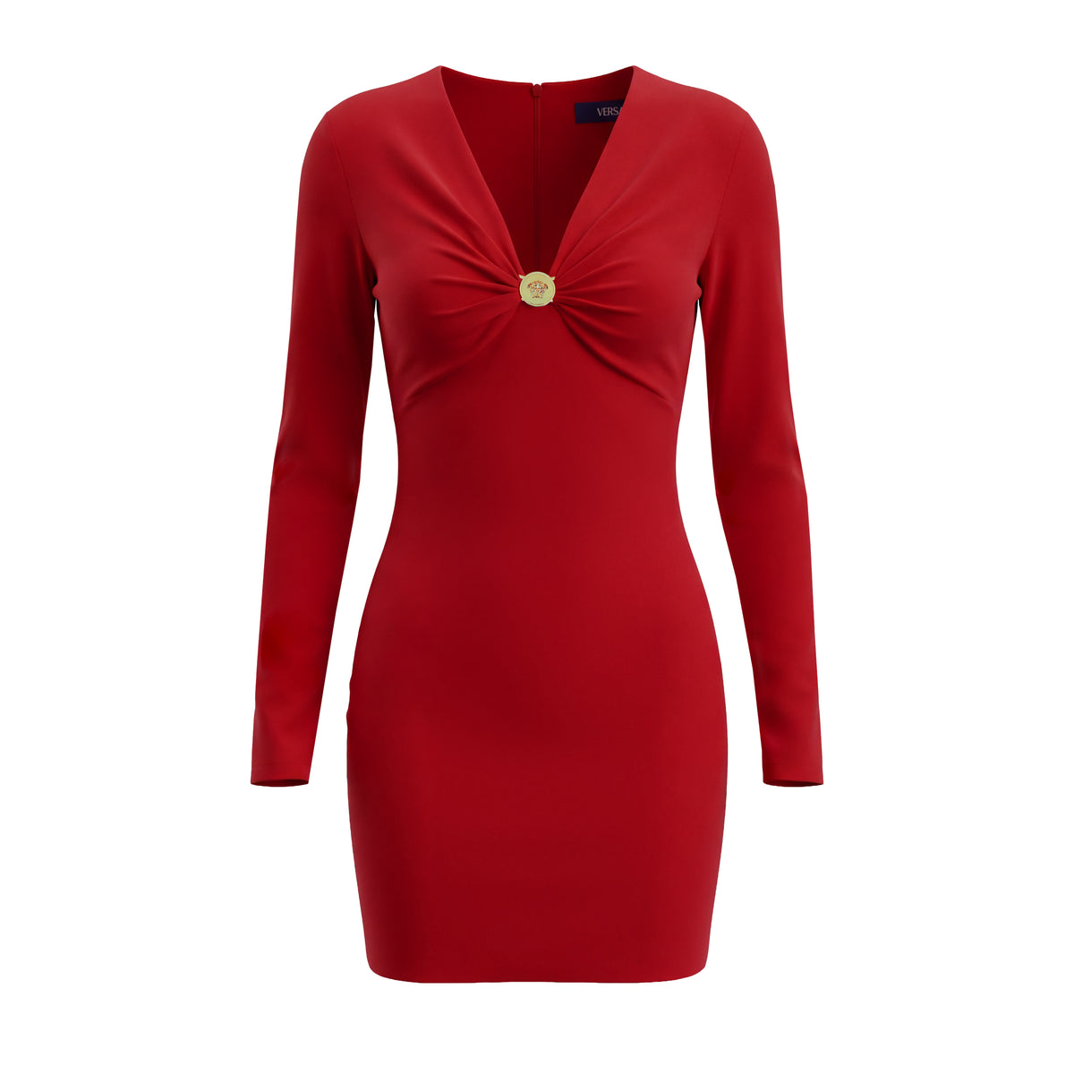 VERSACE RED SHEATH DRESS WITH GOLD MEDUSA BUTTON - SIZE 42