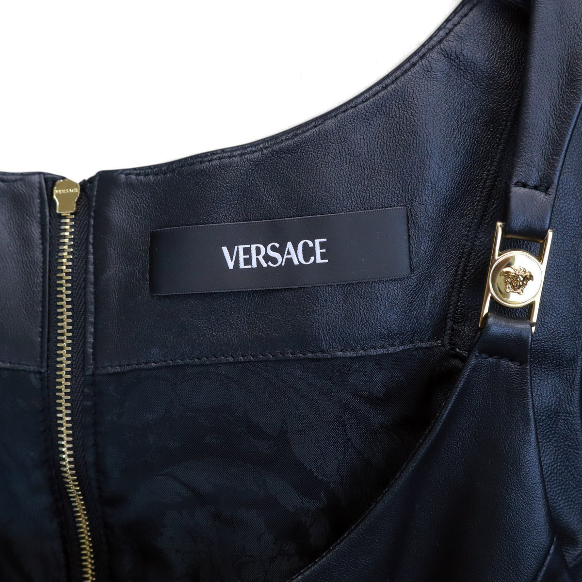 VERSACE BLACK LEATHER DRESS WITH GOLD MEDUSA STRAP DETAIL - SIZE 40