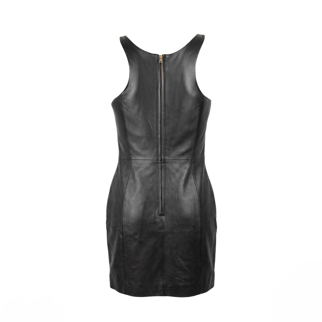 VERSACE BLACK LEATHER DRESS WITH GOLD MEDUSA STRAP DETAIL - SIZE 40