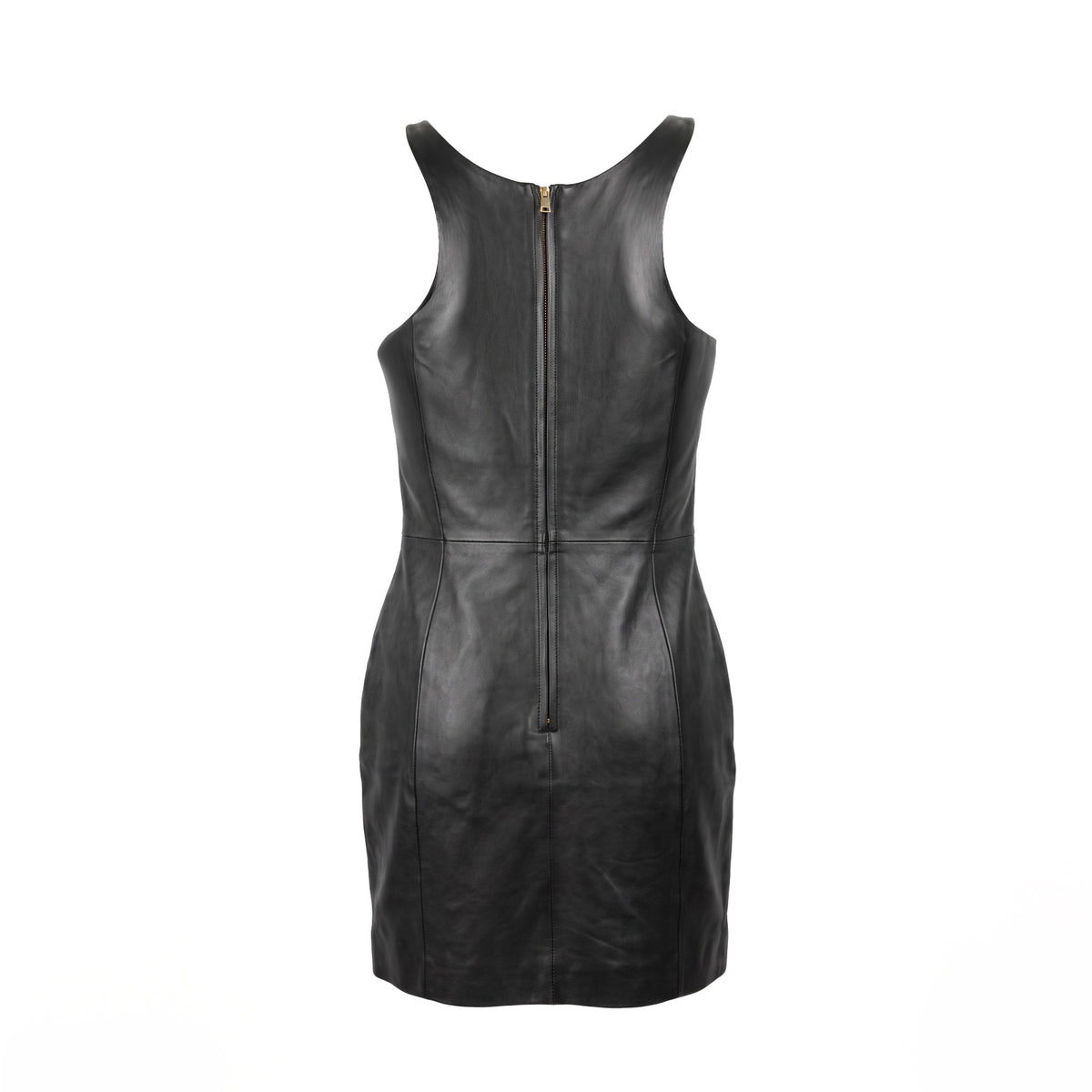 VERSACE BLACK LEATHER DRESS WITH GOLD MEDUSA STRAP DETAIL - SIZE 40