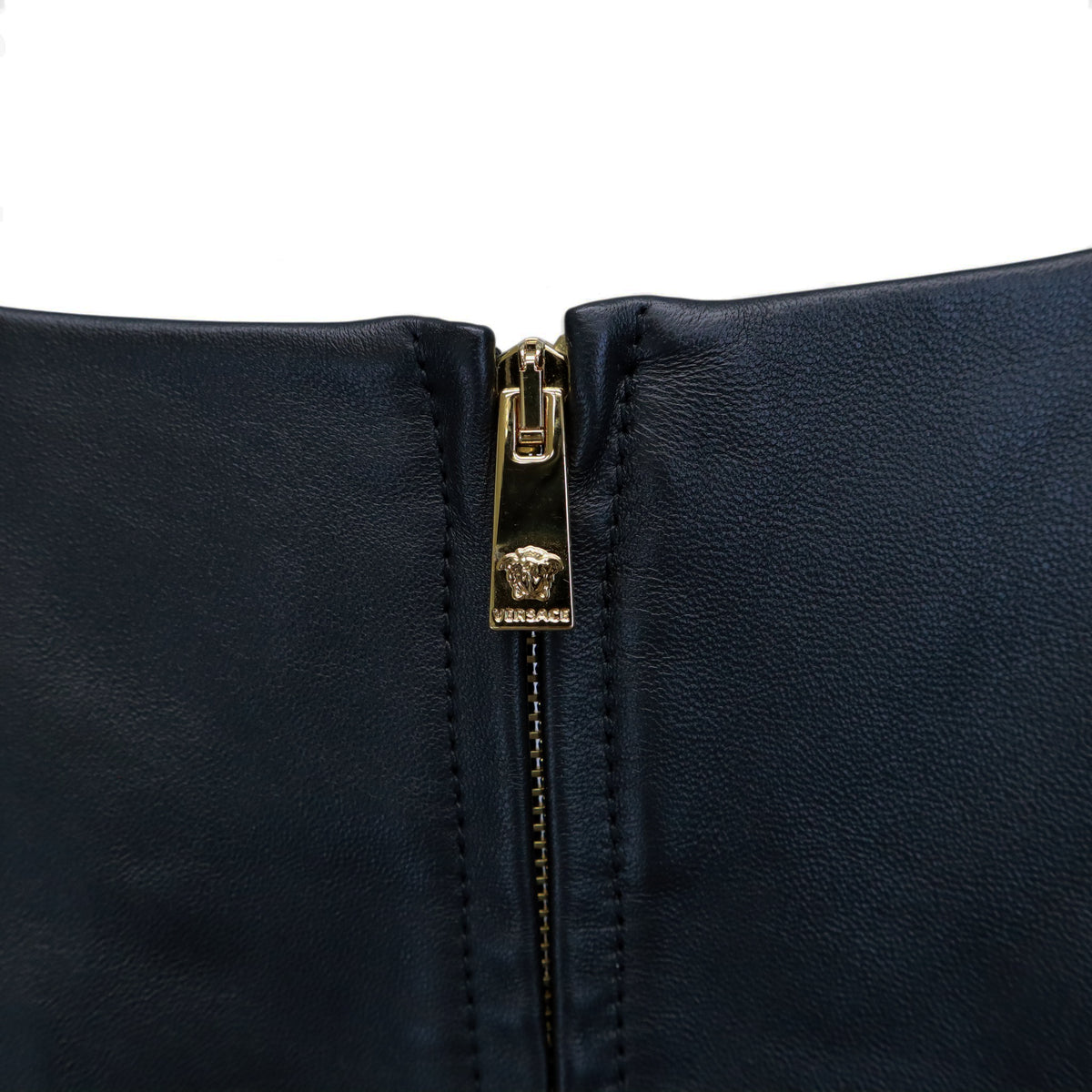 VERSACE BLACK LEATHER DRESS WITH GOLD MEDUSA STRAP DETAIL - SIZE 40
