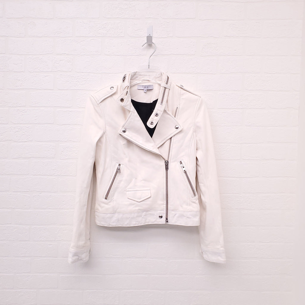 IRO CREAM LEATHER AND DENIM DISTRESSED MOTORCYCLE JACKET - SIZE 38