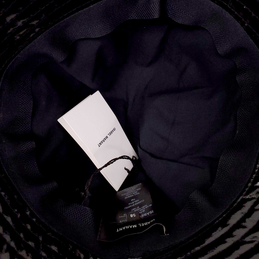 ISABEL MARANT BLACK PATENT LOGO BUCKET HAT - SIZE 58