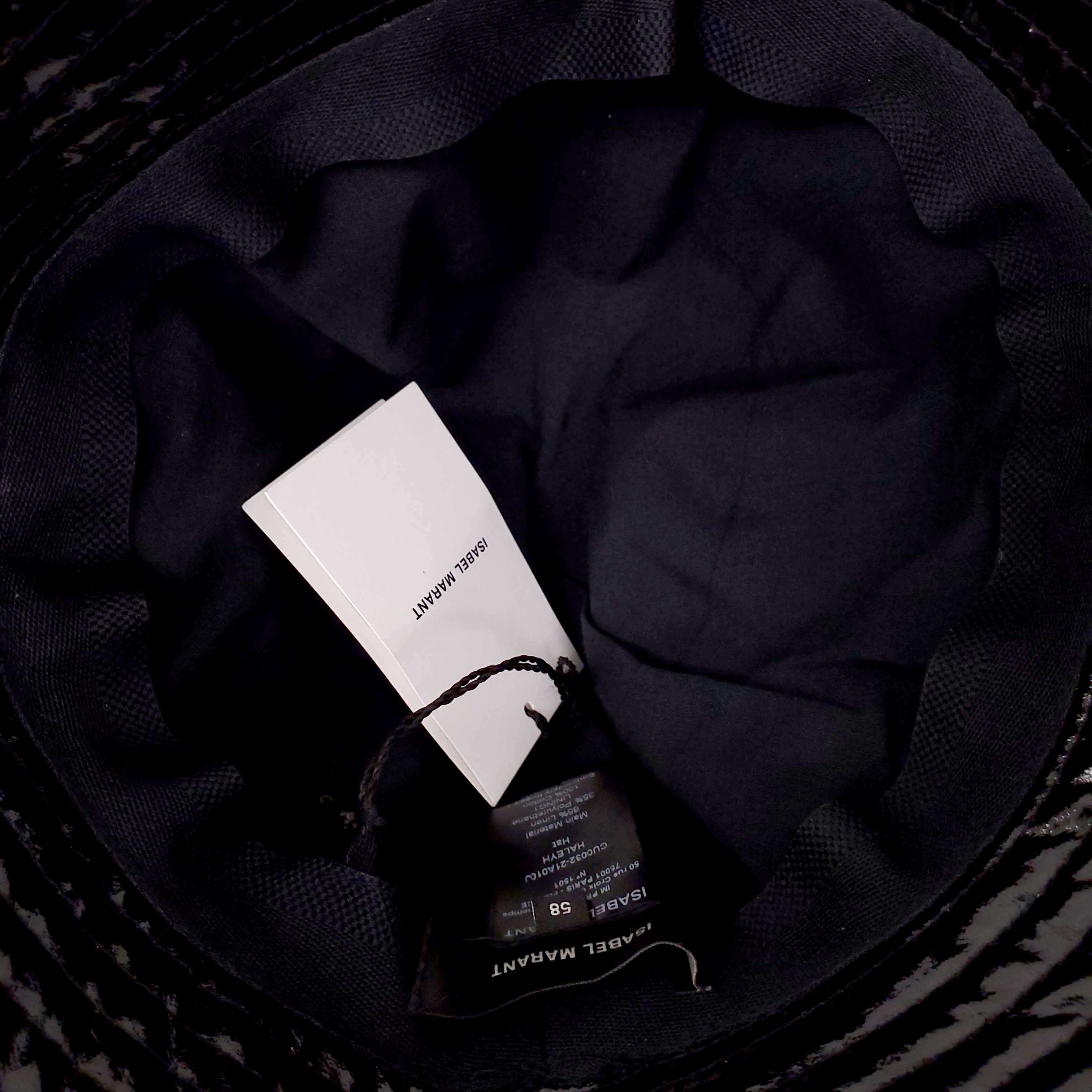ISABEL MARANT BLACK PATENT LOGO BUCKET HAT - SIZE 58