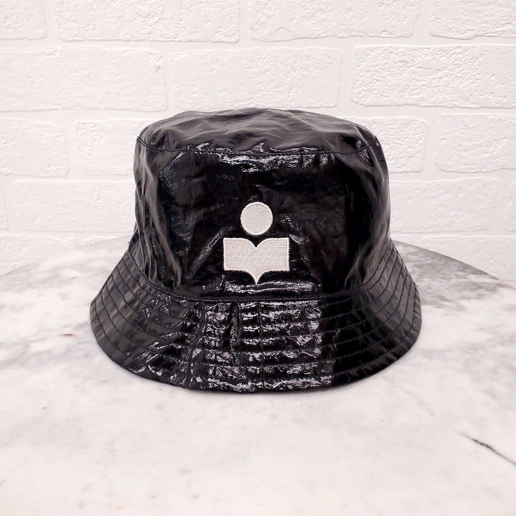 ISABEL MARANT BLACK PATENT LOGO BUCKET HAT - SIZE 58