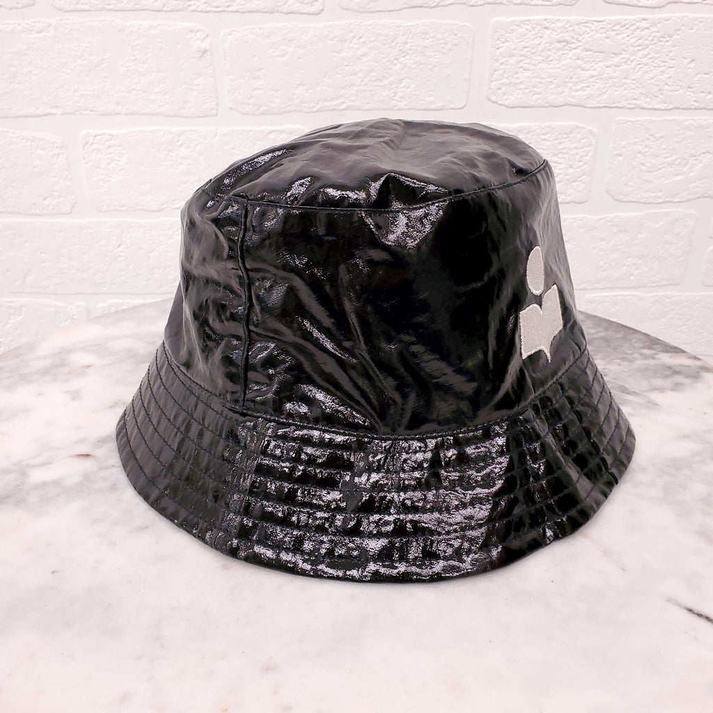 ISABEL MARANT BLACK PATENT LOGO BUCKET HAT - SIZE 58