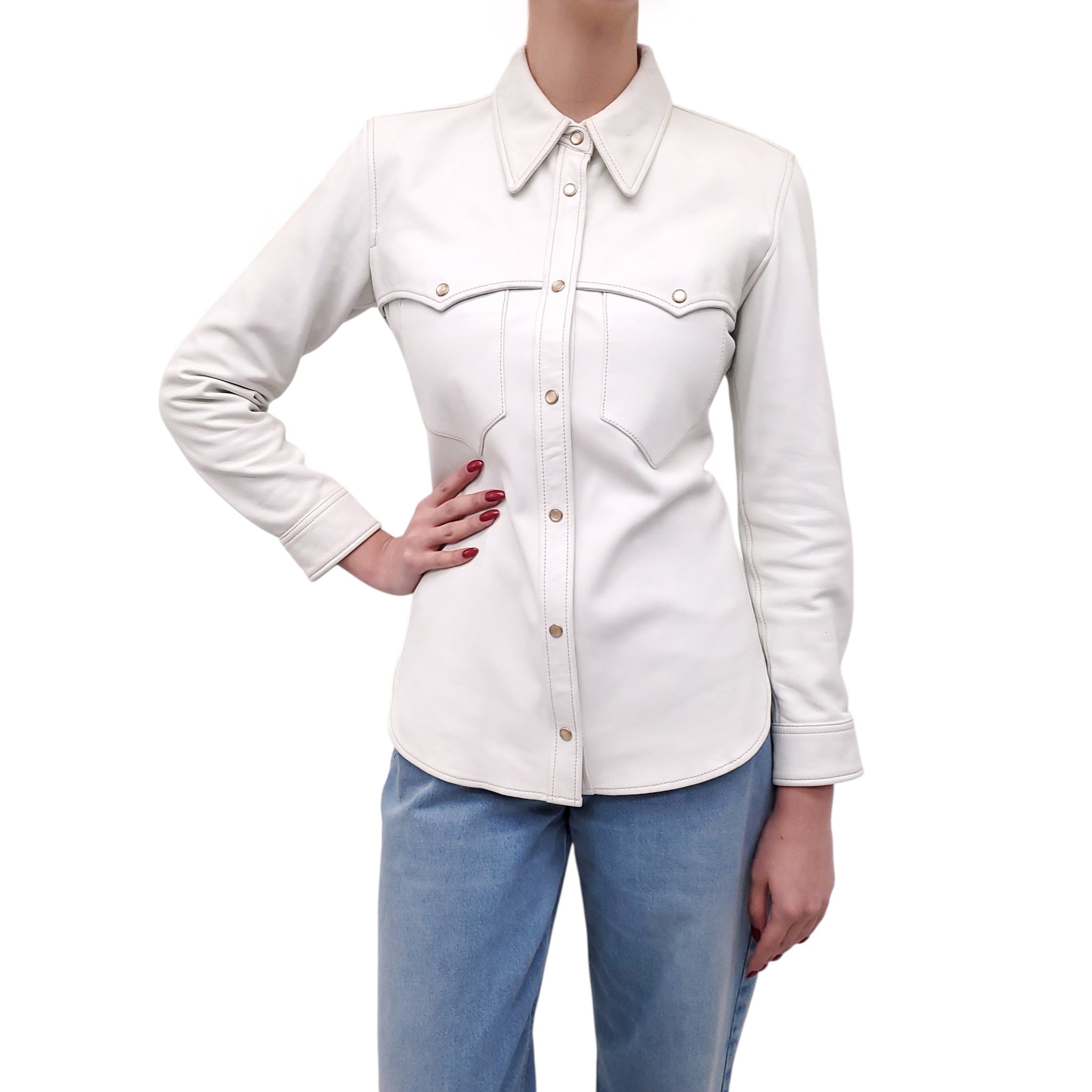 ISABEL MARANT CREAM LEATHER WESTERN SHIRT - SIZE 36