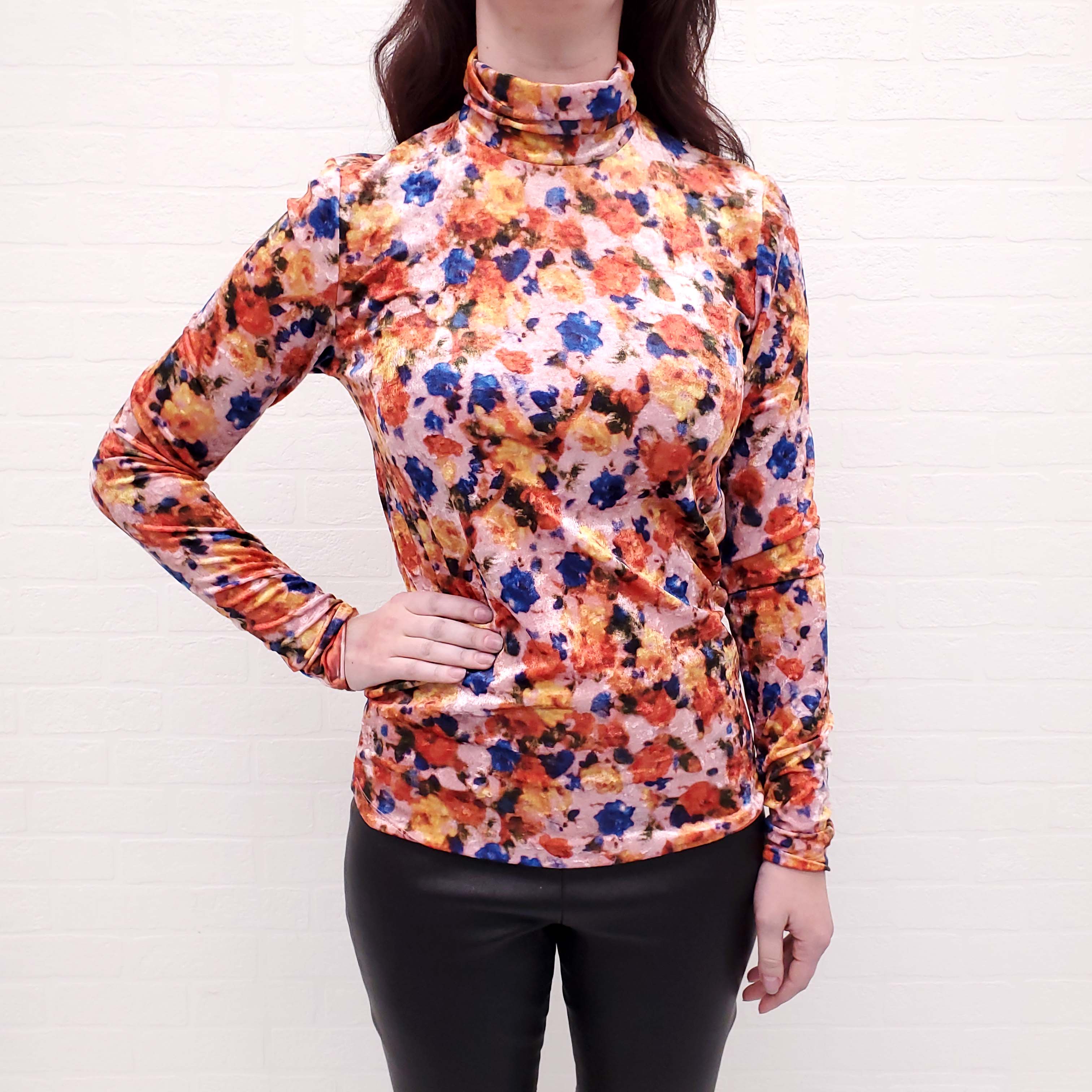 ISABEL MARANT PINK AND ORANGE FLORAL VELVET 'GILOYELA' TURTLENECK TOP - SIZE 42