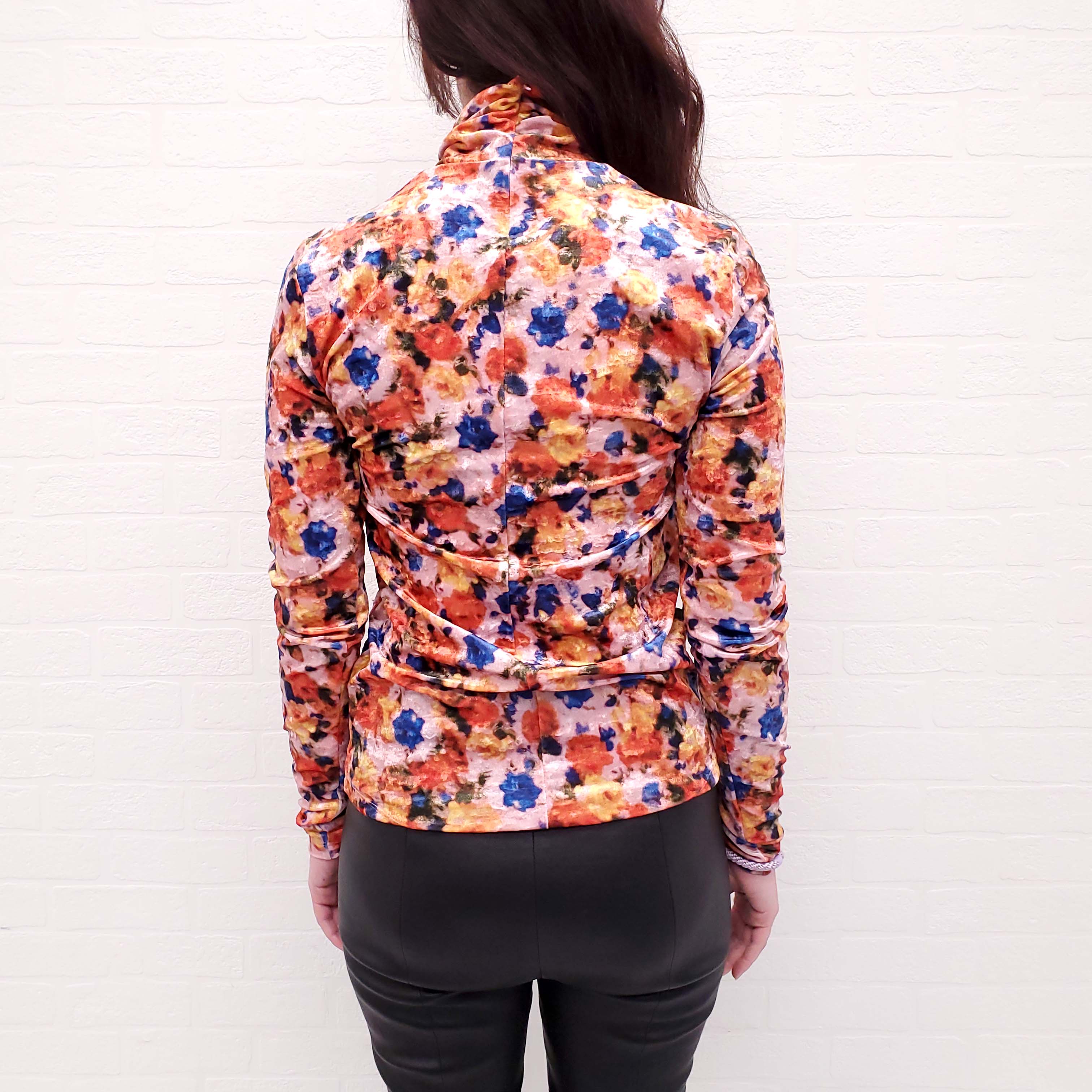 ISABEL MARANT PINK AND ORANGE FLORAL VELVET 'GILOYELA' TURTLENECK TOP - SIZE 42