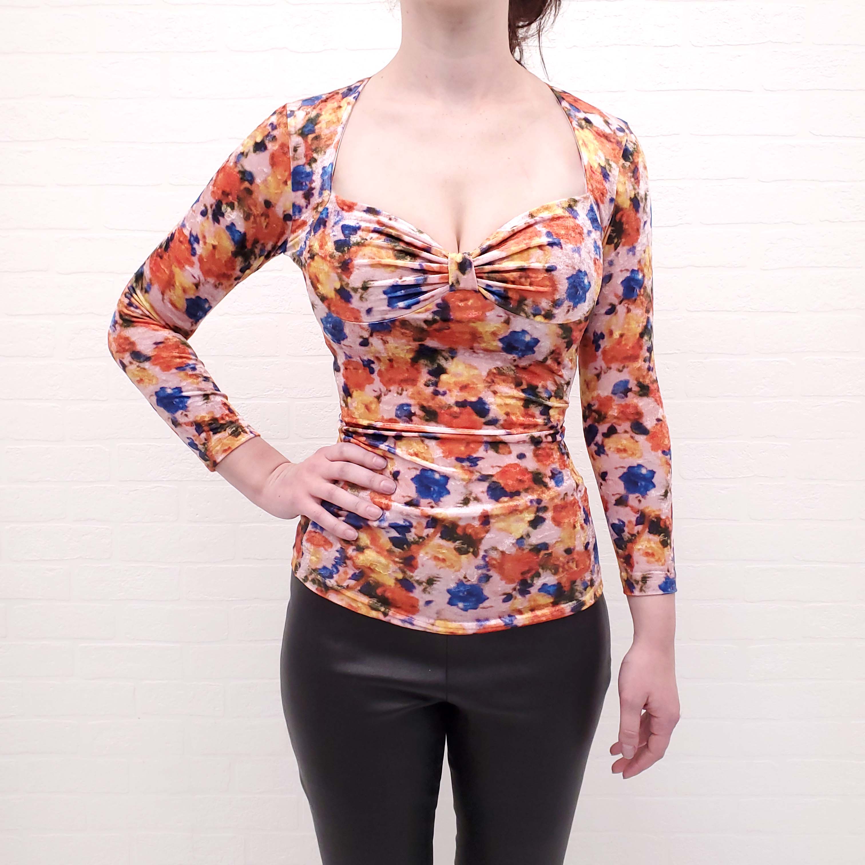 ISABEL MARANT PINK AND ORANGE FLORAL VELVET 'GUBAIA' TOP - SIZE 34