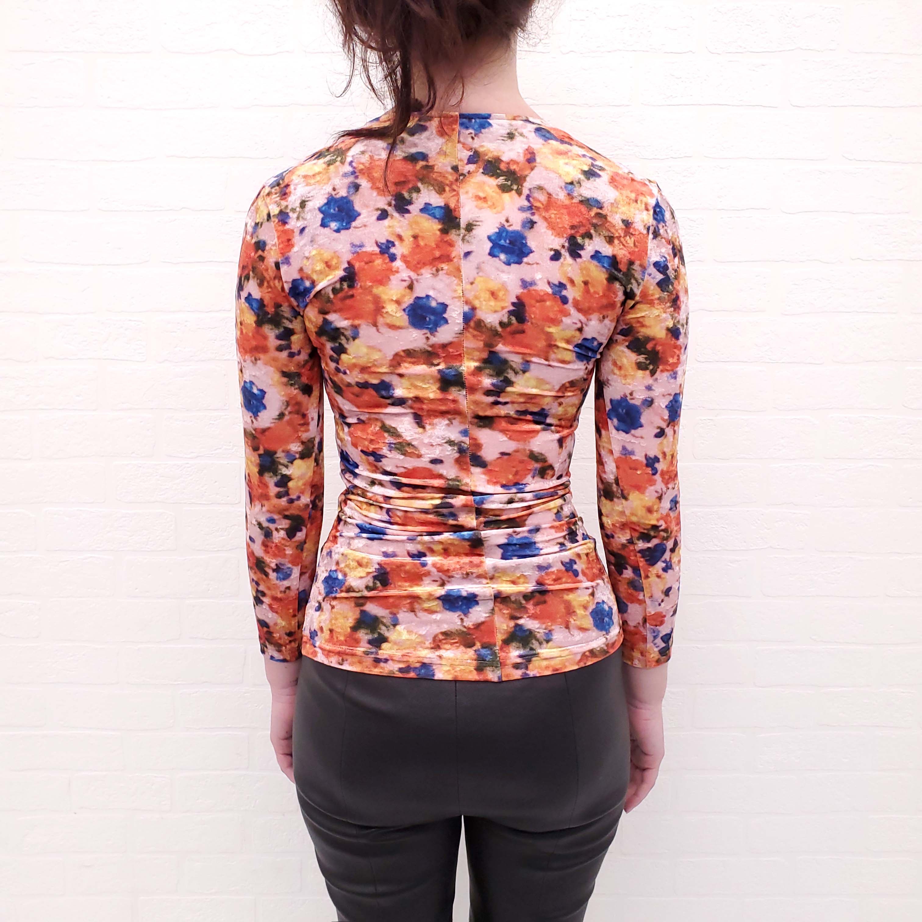 ISABEL MARANT PINK AND ORANGE FLORAL VELVET 'GUBAIA' TOP - SIZE 34