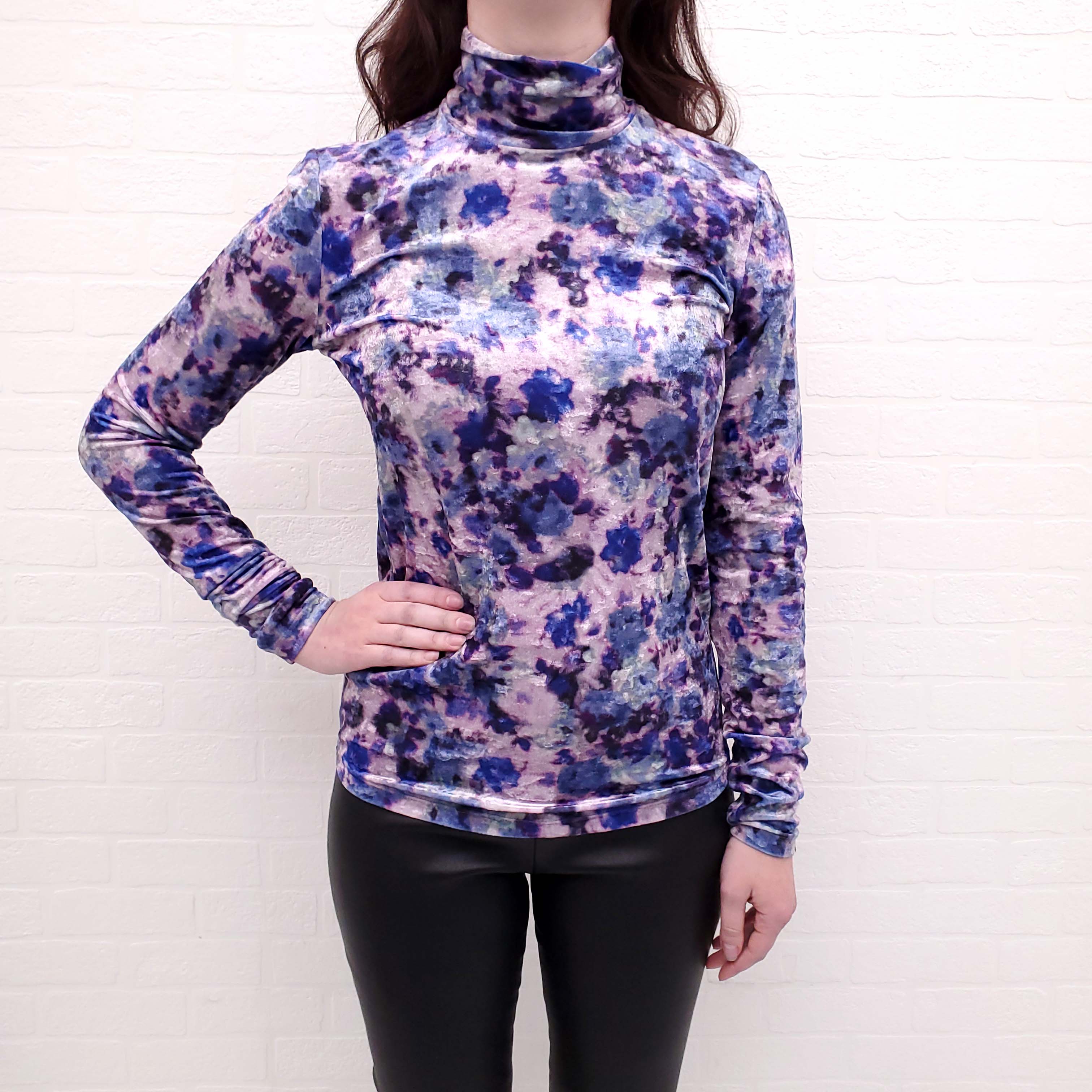 ISABEL MARANT PURPLE AND BLUE FLORAL VELVET 'GILOYELA' TURTLENECK TOP - SIZE 42