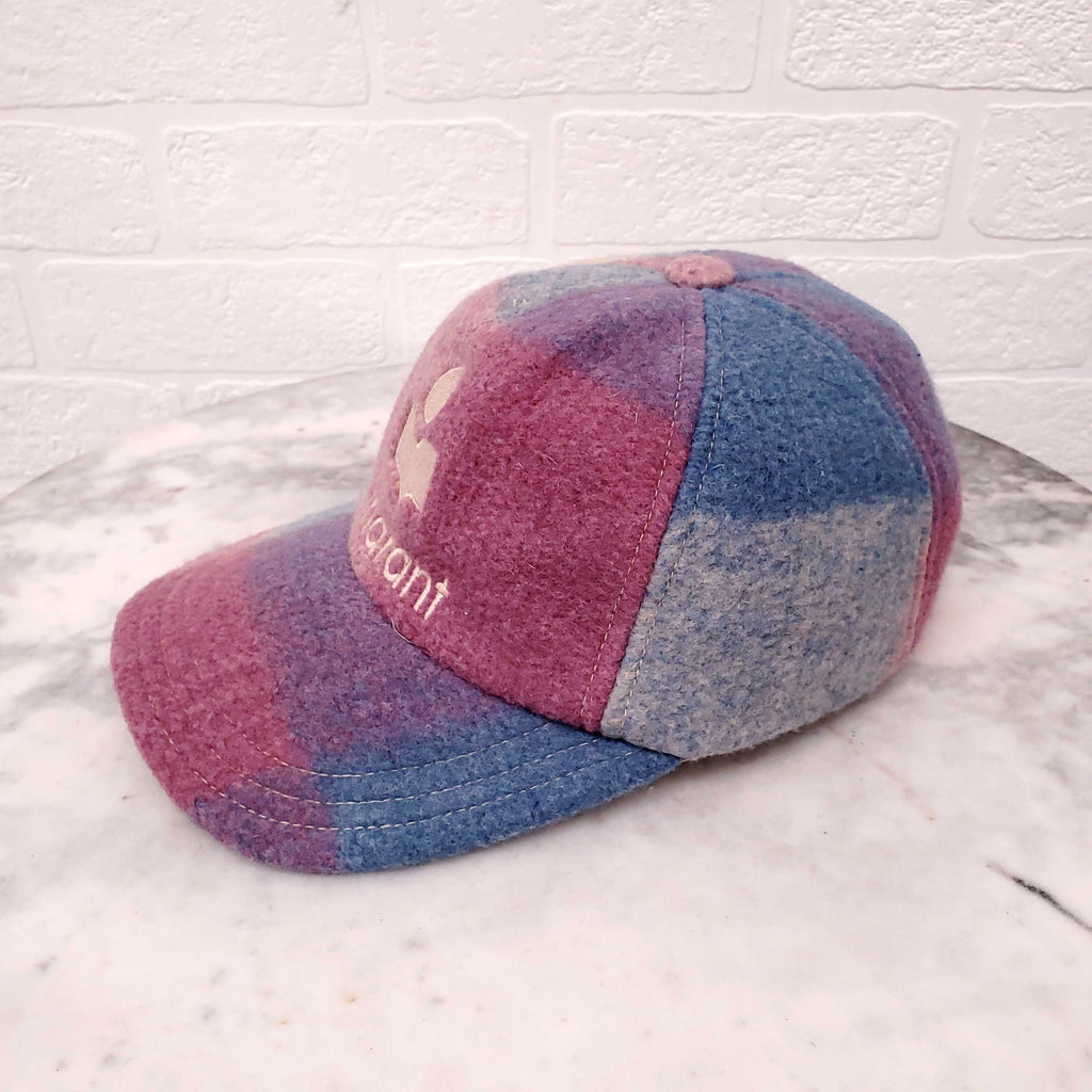 ISABEL MARANT PURPLE AND BLUE PLAID WOOL ADJUSTABLE BASEBALL HAT WITH LOGO