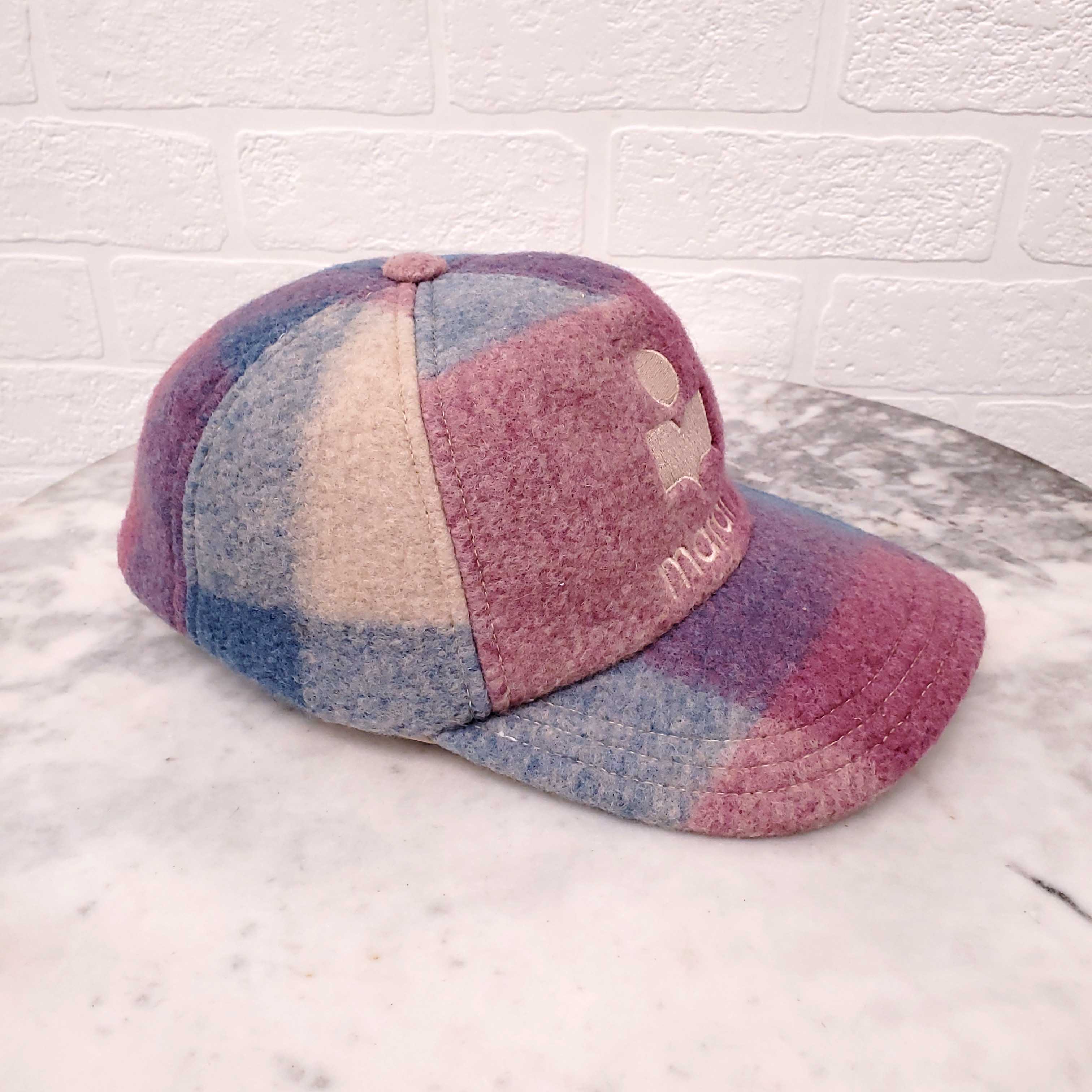 ISABEL MARANT PURPLE AND BLUE PLAID WOOL ADJUSTABLE BASEBALL HAT WITH LOGO
