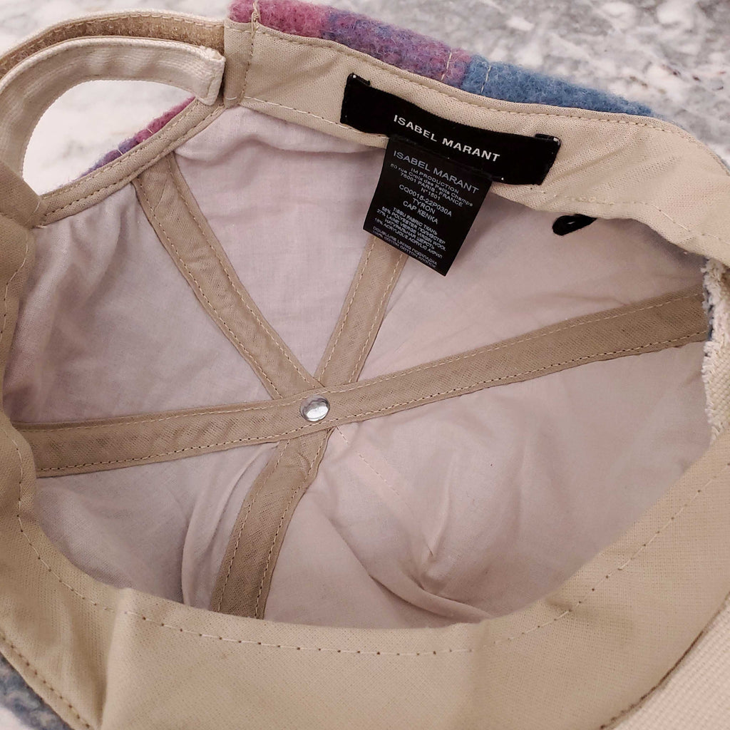 ISABEL MARANT PURPLE AND BLUE PLAID WOOL ADJUSTABLE BASEBALL HAT WITH LOGO