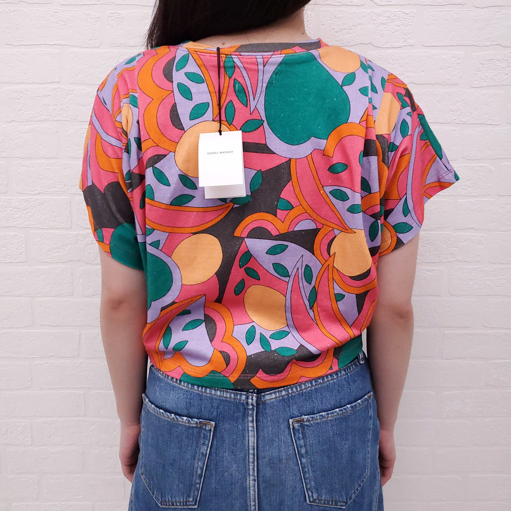 ISABEL MARANT ORANGE AND PURPLE PRINTED ZINALIA CROP TOP - SIZE M