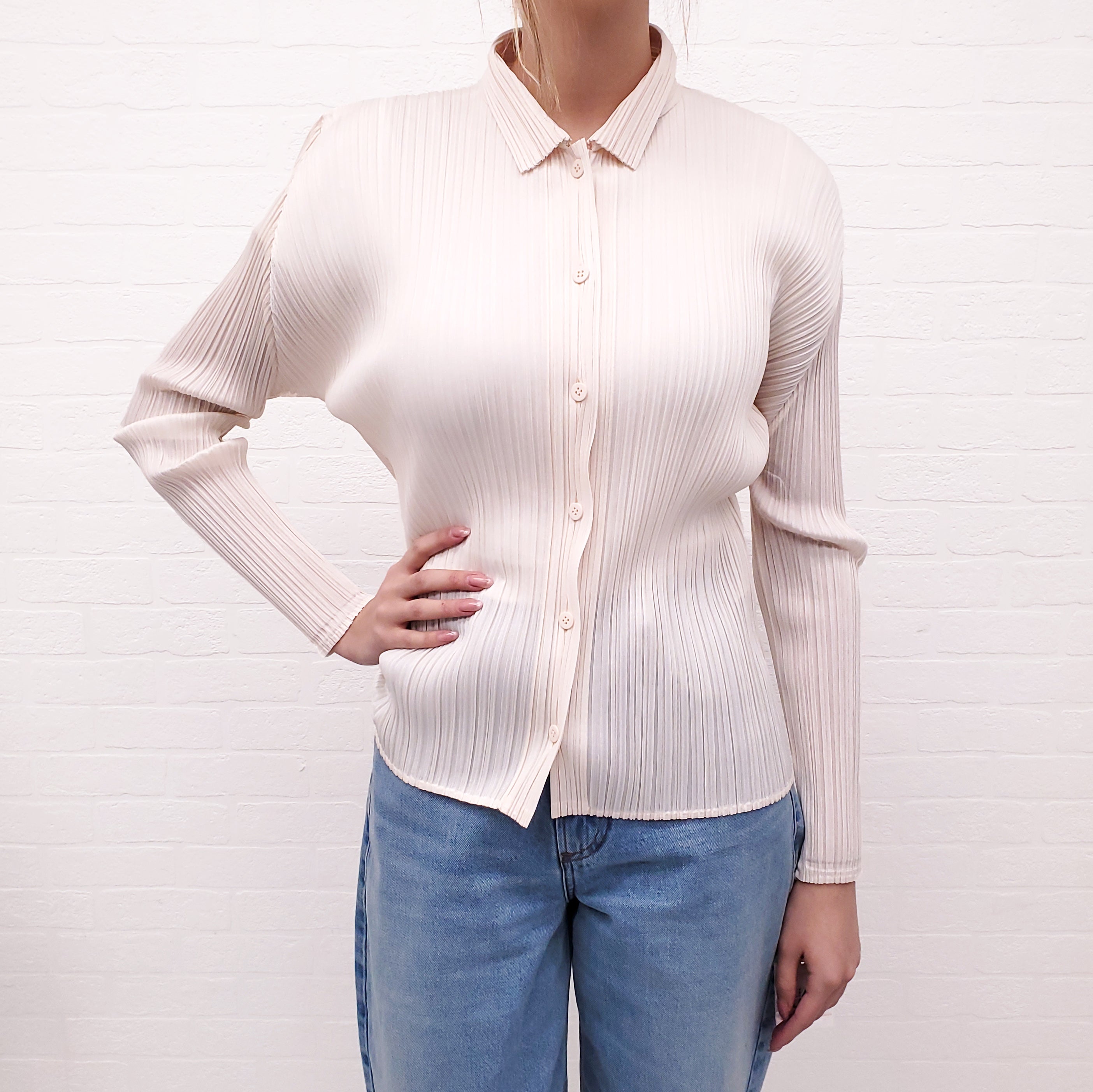 ISSEY MIYAKE CREAM PLEATED BUTTON UP SHIRT - SIZES 3 (M) AND 5 (XL)