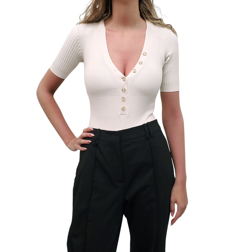 JACQUEMUS CREAM KNIT BUTTON-UP POLO BODYSUIT - SIZE 32