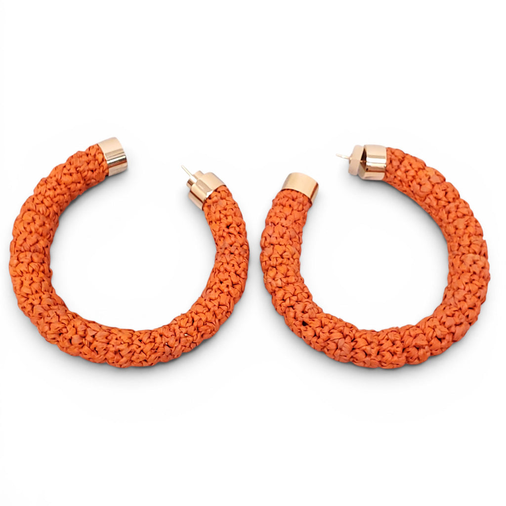 JACQUEMUS ORANGE RAFFIA HOOP EARRINGS