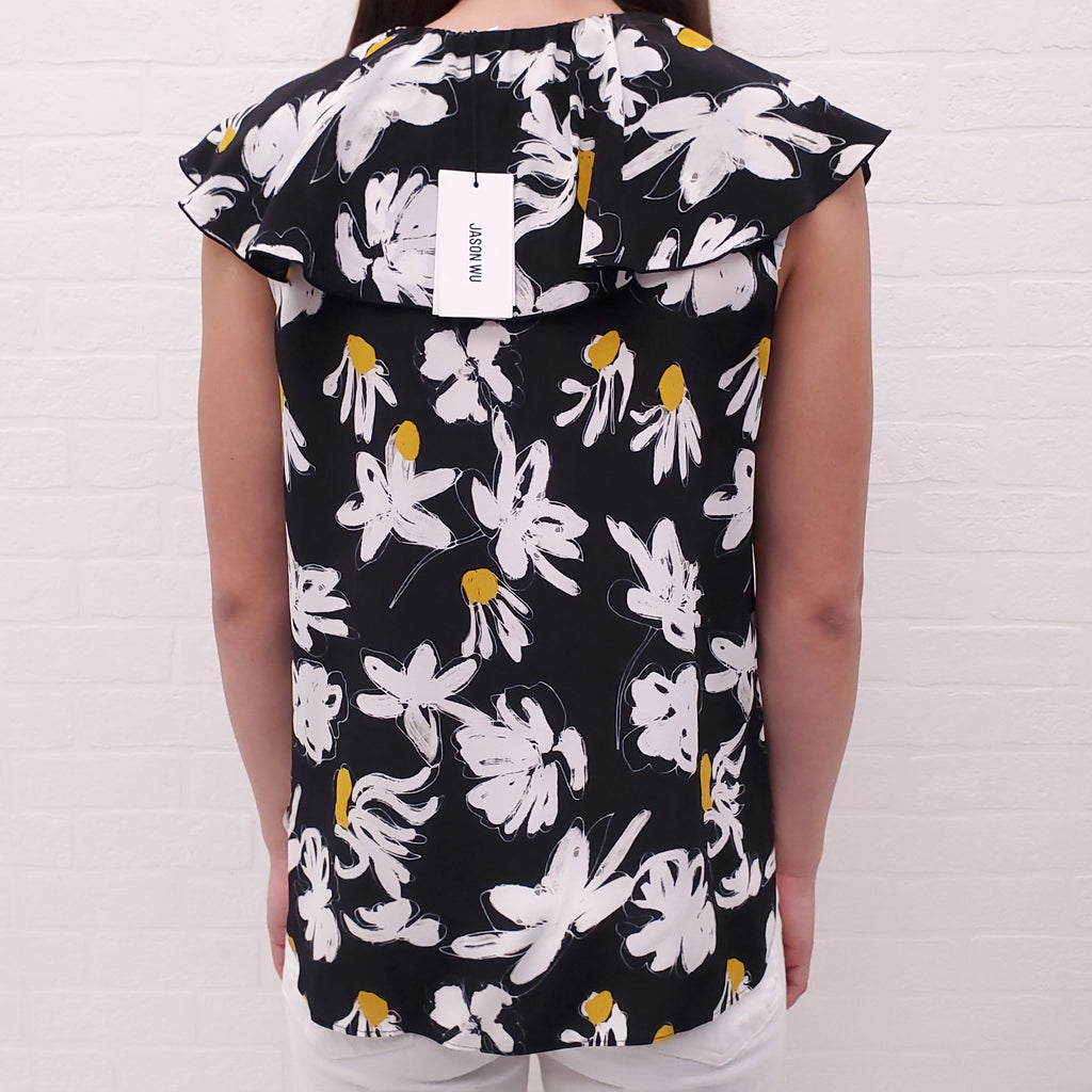 JASON WU BLACK, YELLOW AND WHITE FLORAL SLEEVELESS BLOUSE WITH TIE - SIZE 2