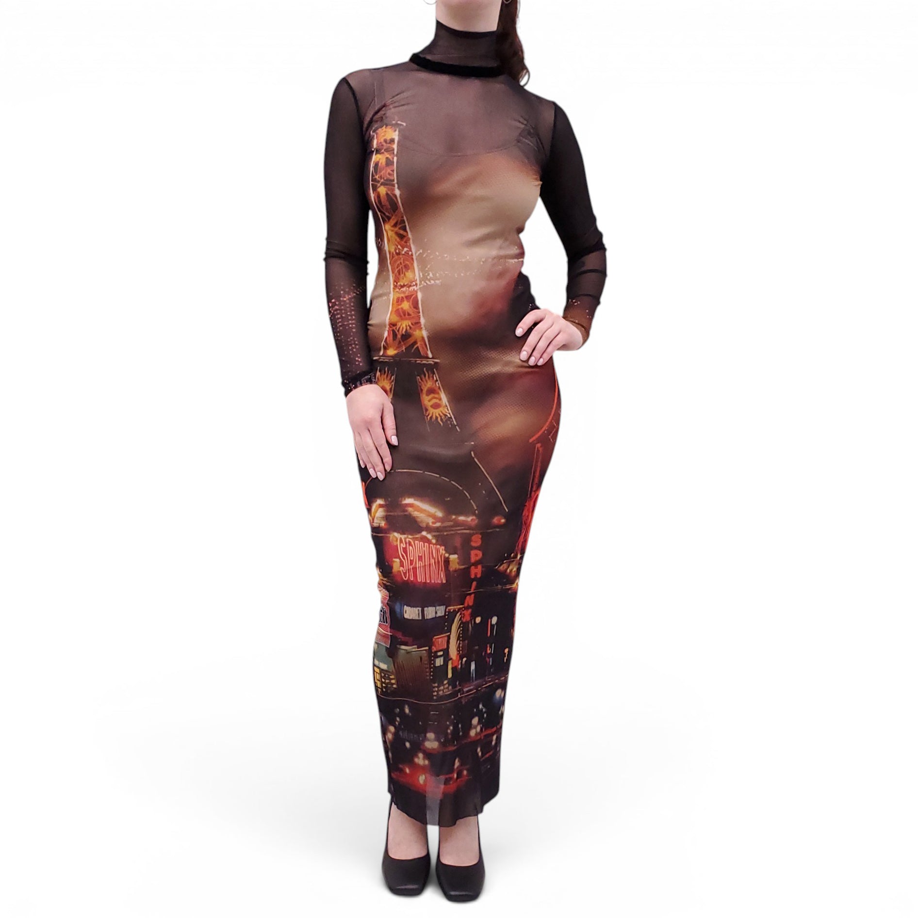 JEAN PAUL GAULTIER EIFFEL TOWER PRINT LONG MESH DRESS - SIZE XS