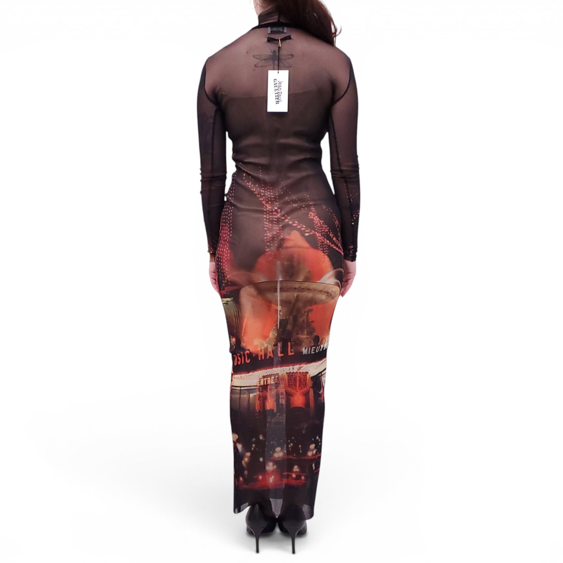 JEAN PAUL GAULTIER EIFFEL TOWER PRINT LONG MESH DRESS - SIZE XS