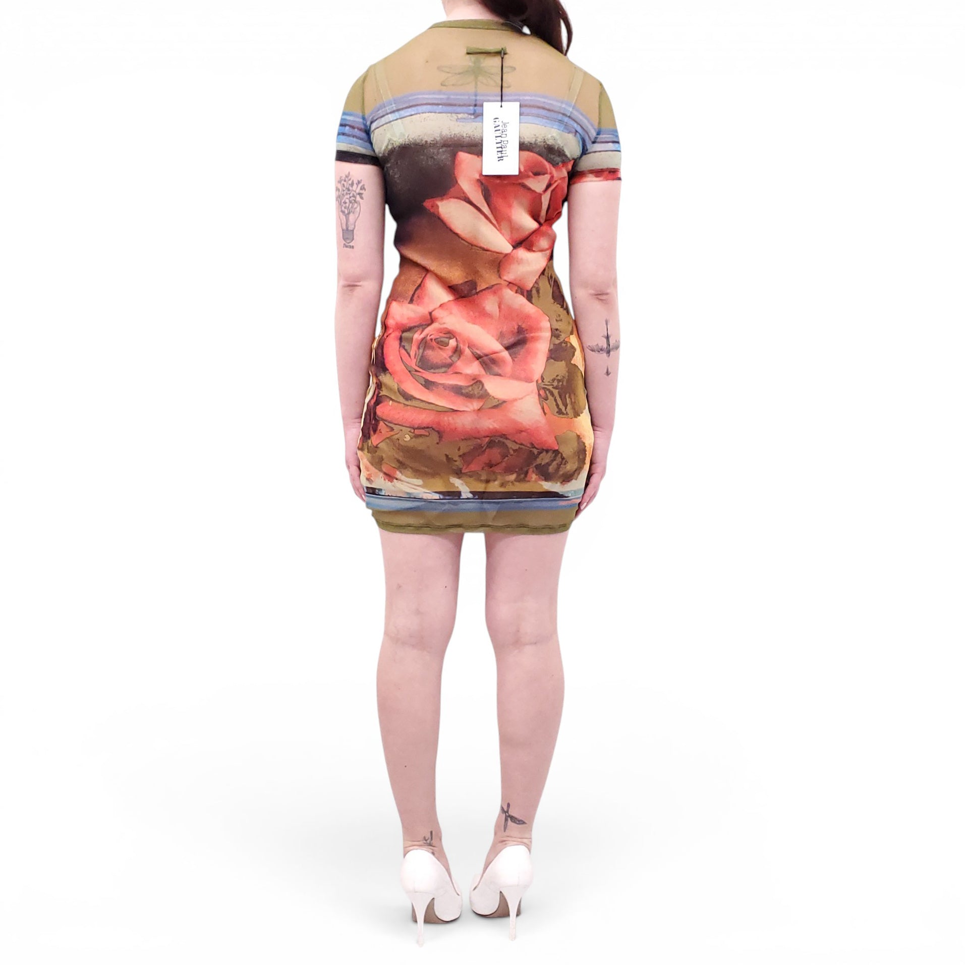JEAN PAUL GAULTIER GREEN ROSE PRINT MESH DRESS