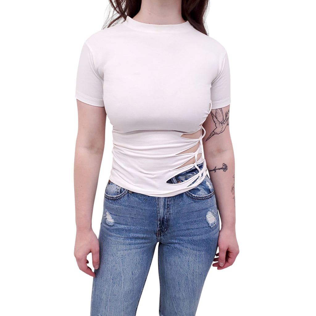 JEAN PAUL GAULTIER WHITE T-SHIRT WITH SIDE CUTOUTS - SIZE XS