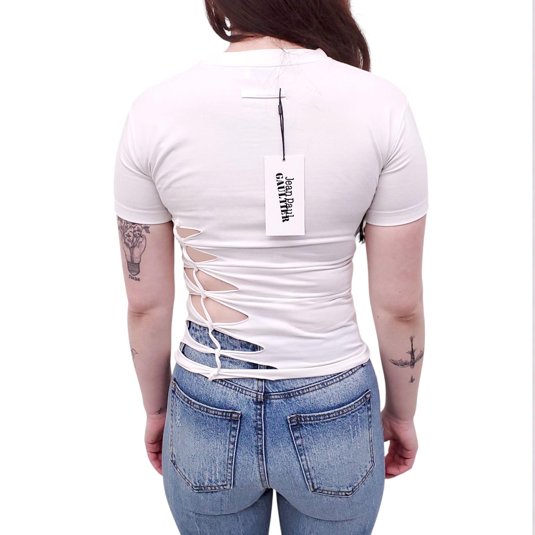JEAN PAUL GAULTIER WHITE T-SHIRT WITH SIDE CUTOUTS - SIZE XS