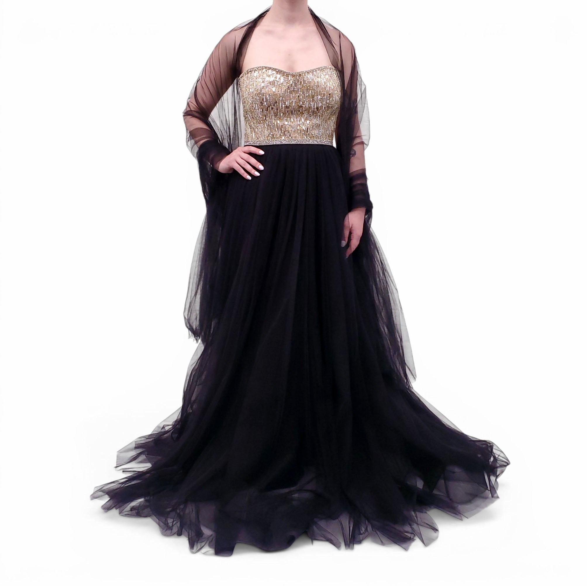 JENNY PACKHAM TULLE GOWN WITH GOLD AND SILVER BEADING