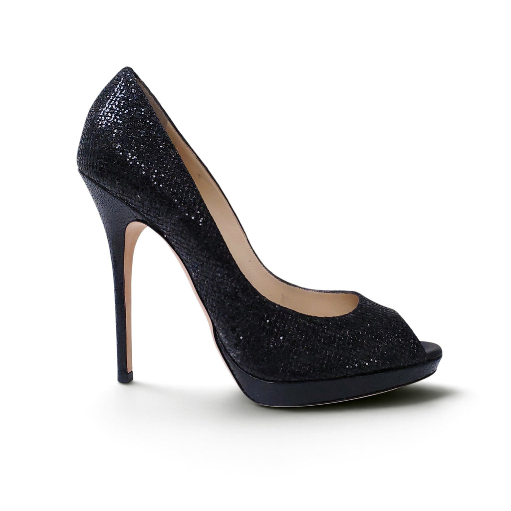 JIMMY CHOO BLACK HIGH HEEL PEEP TOE  WITH PLATFORM DETAIL - SIZE 39.5