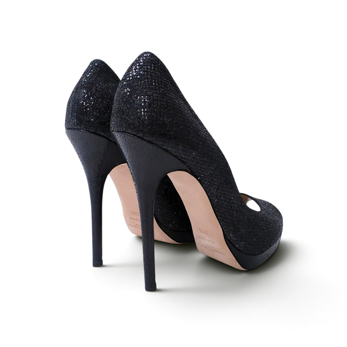 JIMMY CHOO BLACK HIGH HEEL PEEP TOE  WITH PLATFORM DETAIL - SIZE 39.5