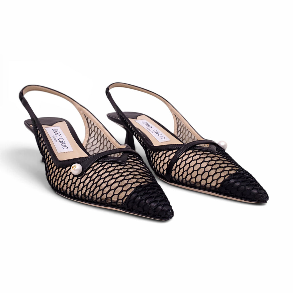 JIMMY CHOO FISHNET HEELS WITH PEARL DETAIL - SIZE 38.5