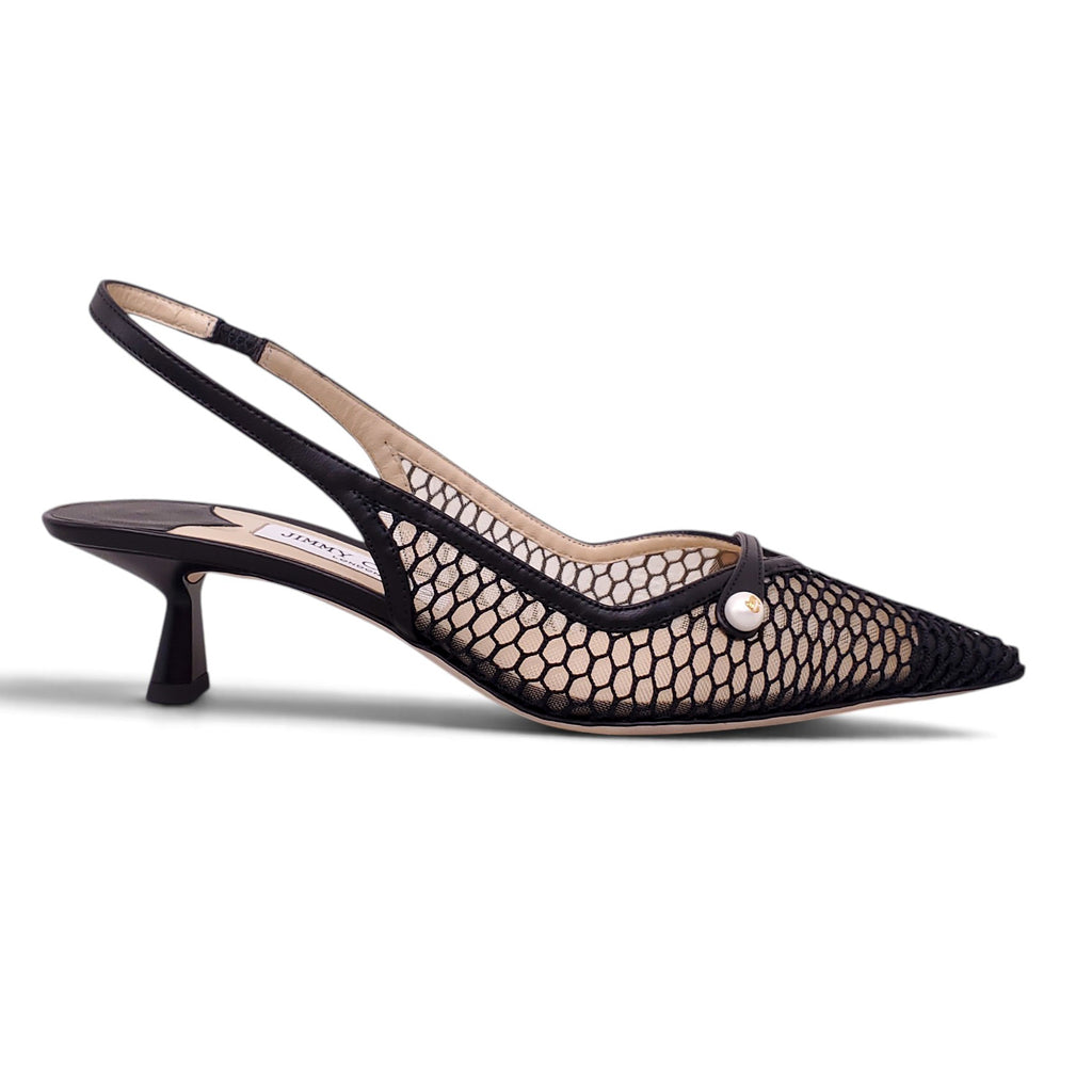 JIMMY CHOO FISHNET HEELS WITH PEARL DETAIL - SIZE 38.5