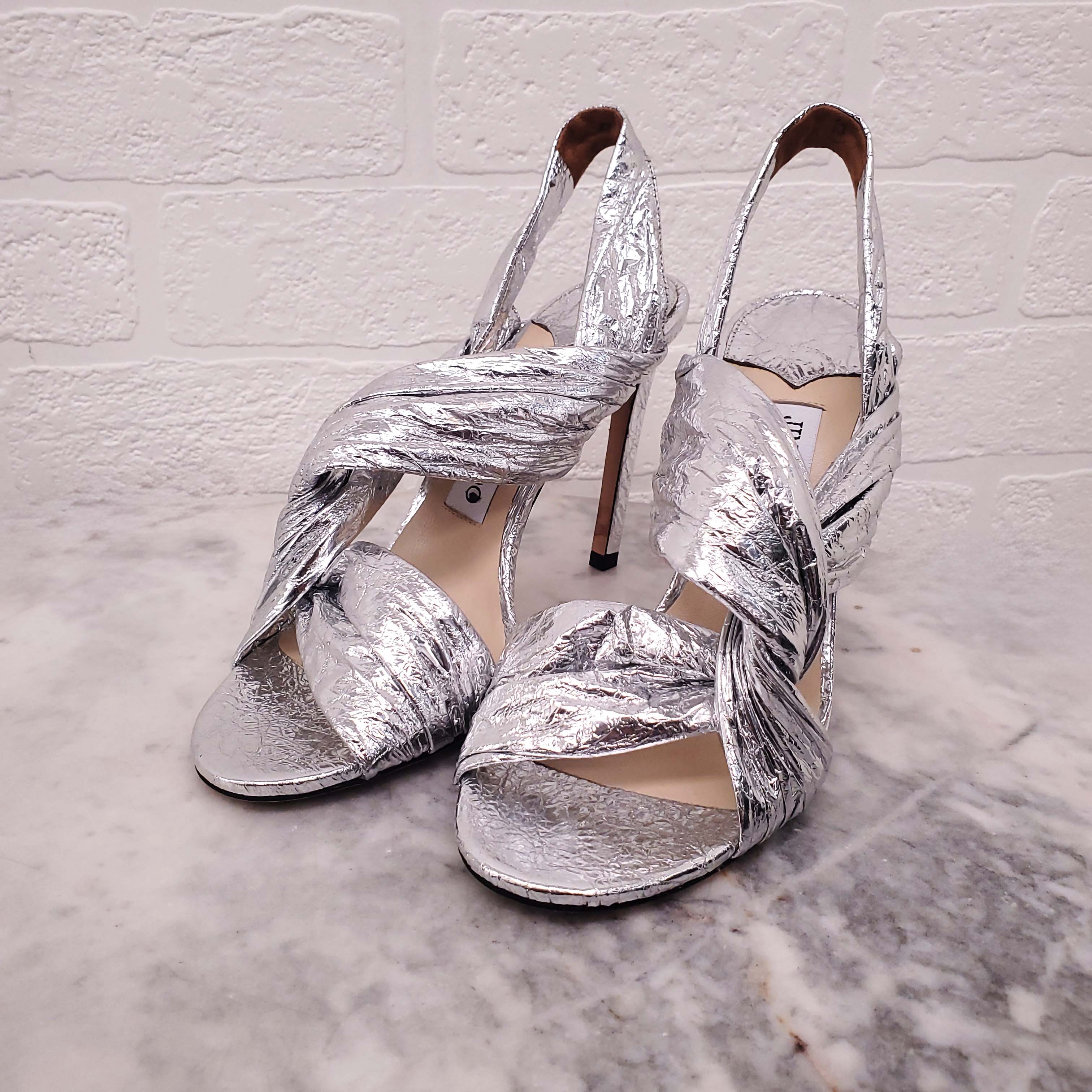 JIMMY CHOO LALIA 100 METALLIC FOIL TWISTED HEELS - SIZE 36