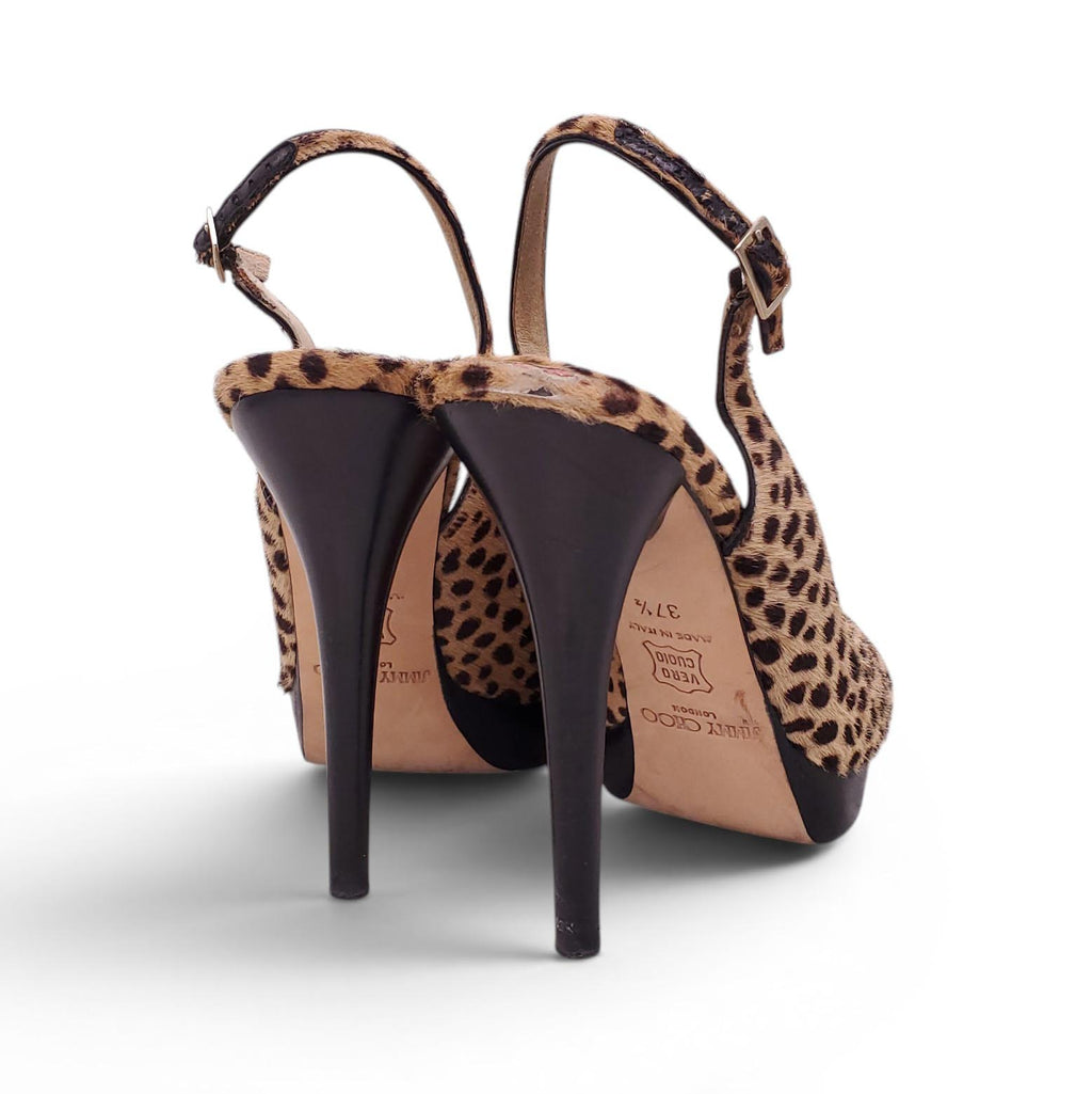 JIMMY CHOO LEOPARD PONYHAIR PEEP-TOE HEELS - SIZE 37.5