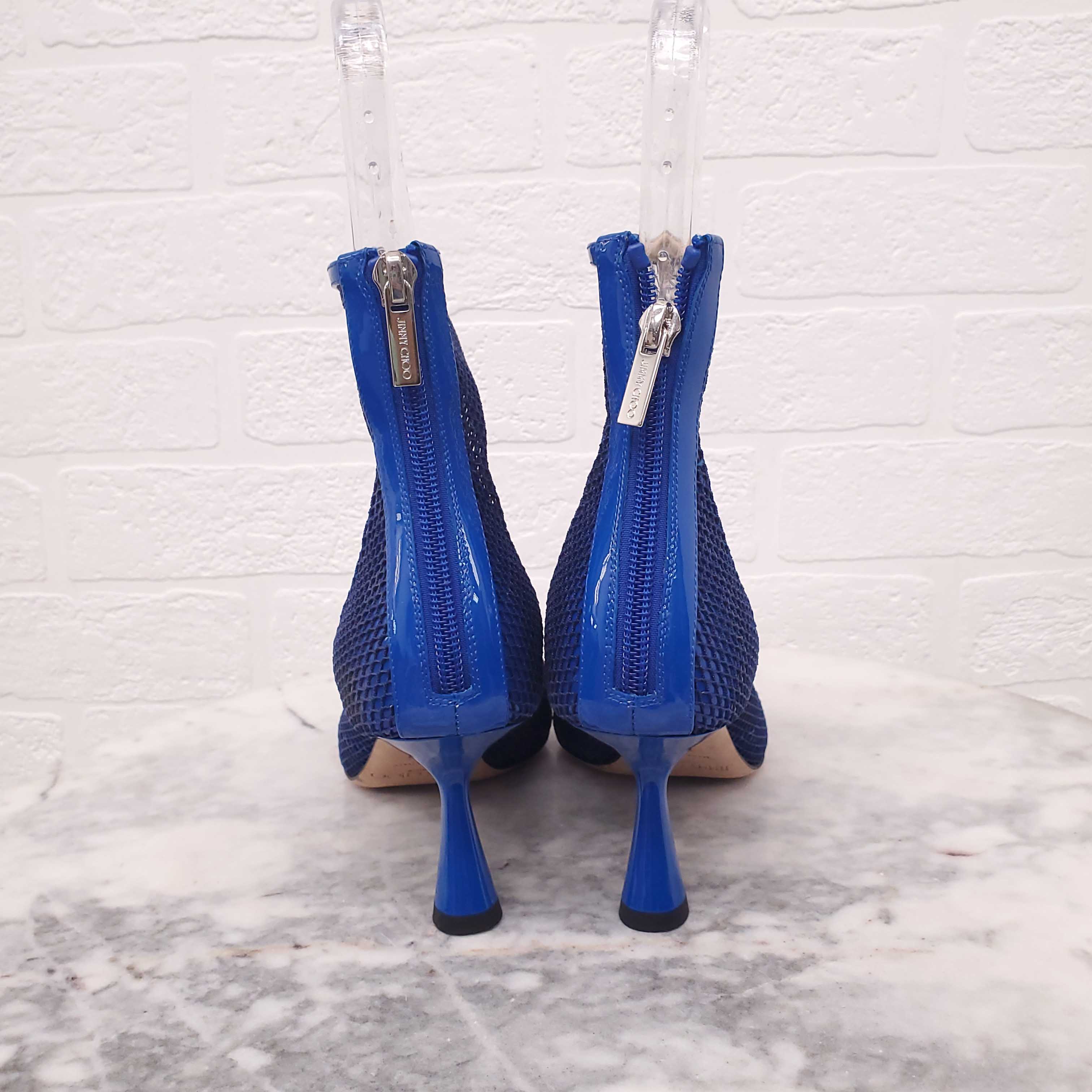 JIMMY CHOO NET BLUE PATENT BOOTIES - SIZE 36.5