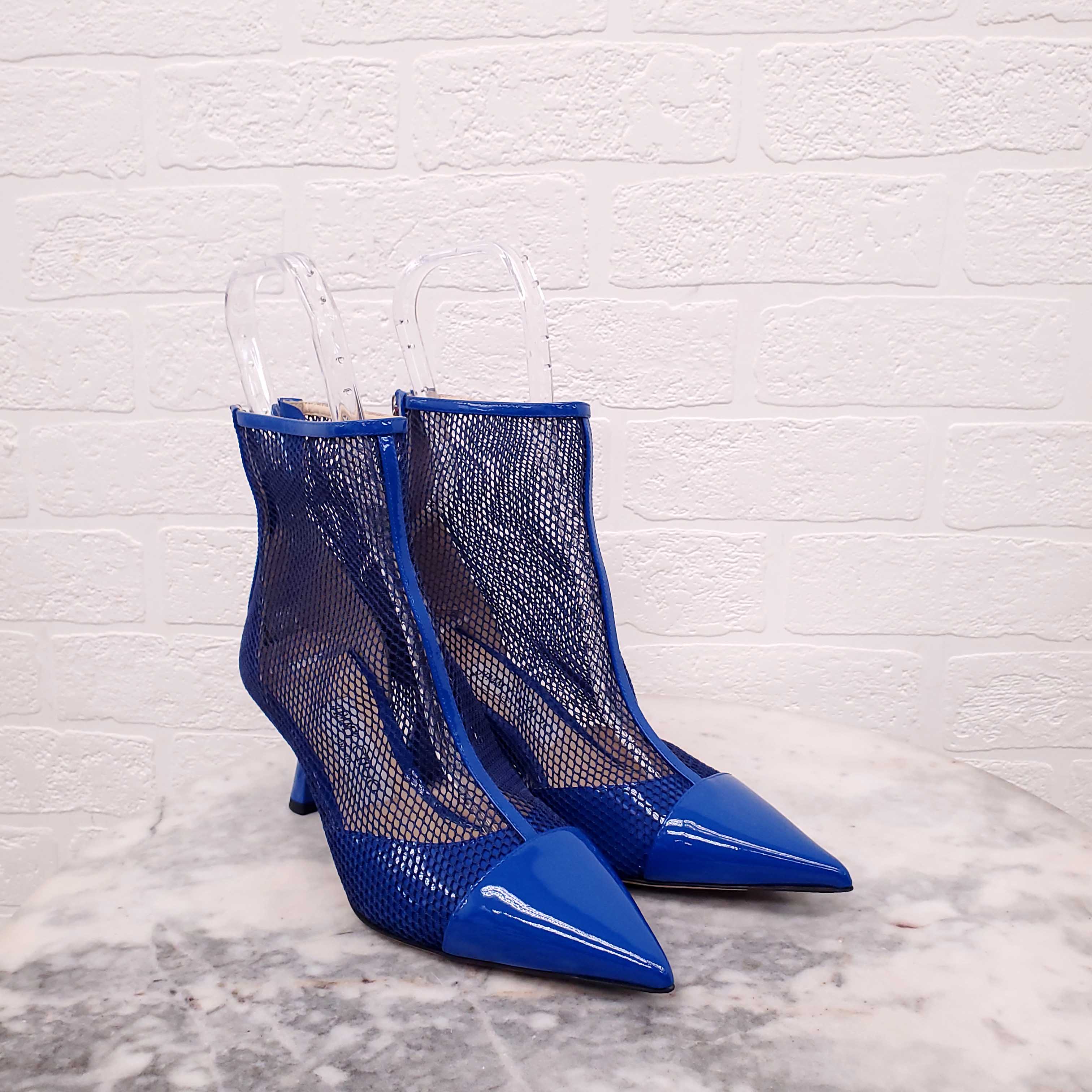 JIMMY CHOO NET BLUE PATENT BOOTIES - SIZE 36.5